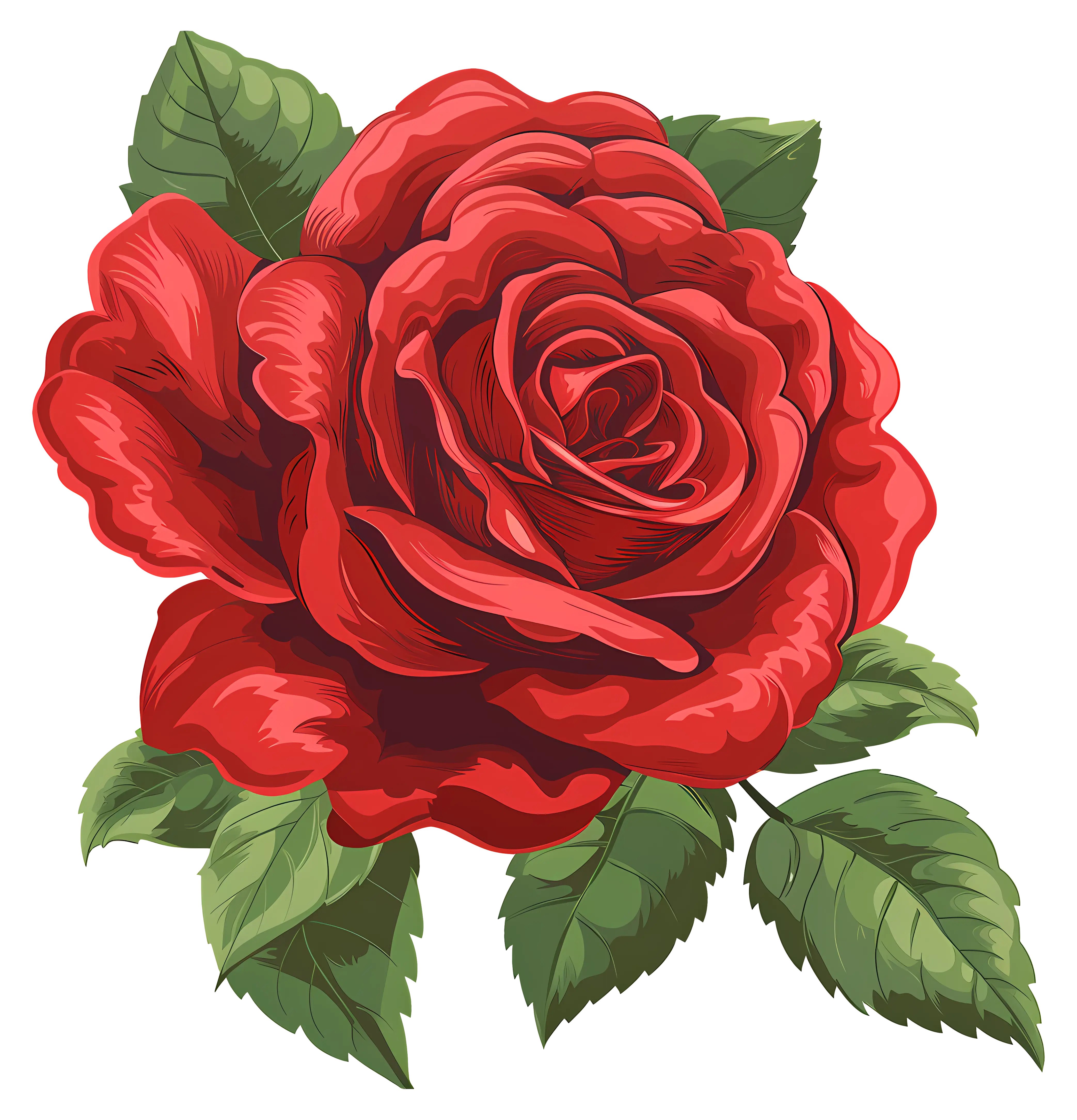 Beautiful Red Rose Illustration with Green Leaves