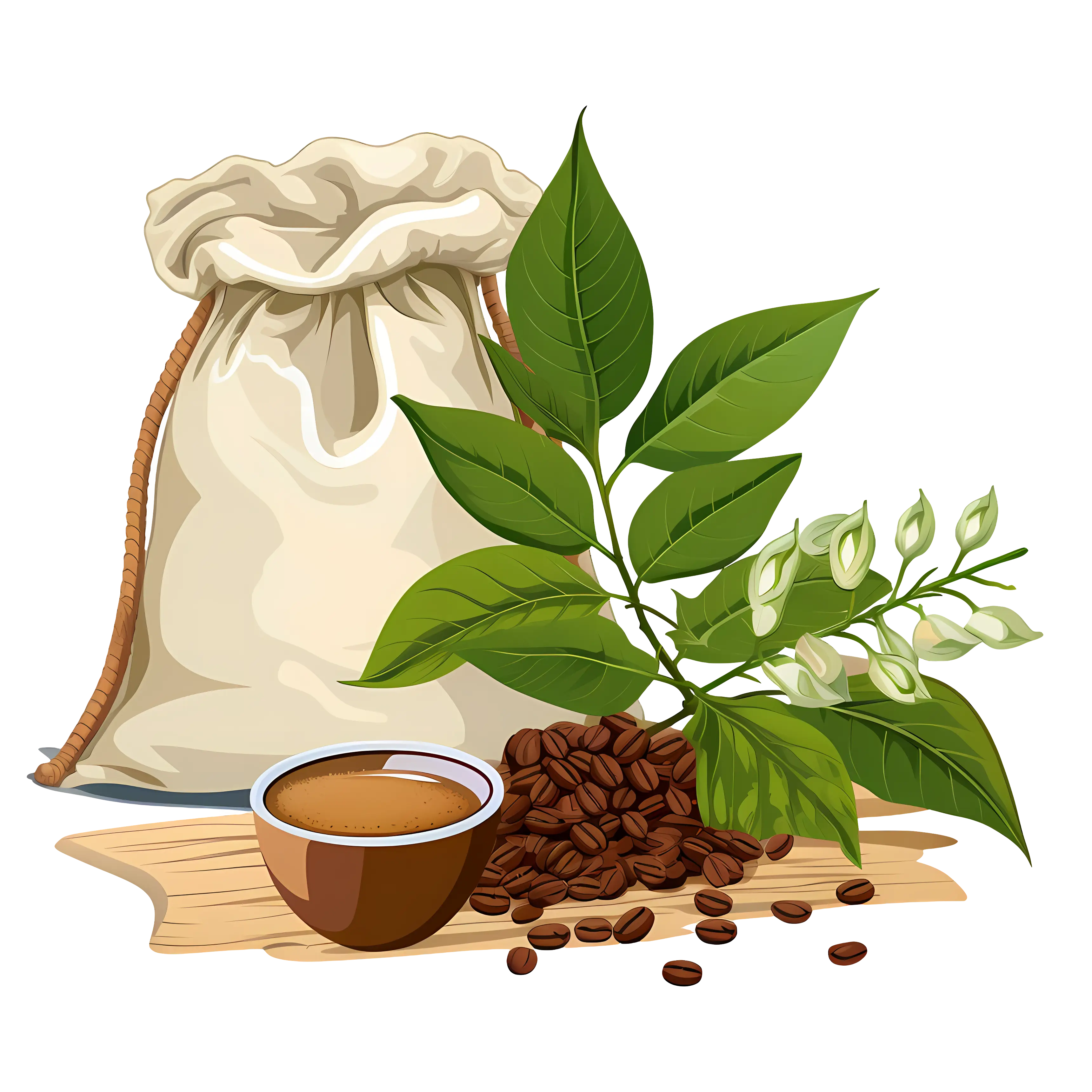 Coffee Setup with Beans, Sack, and Greenery