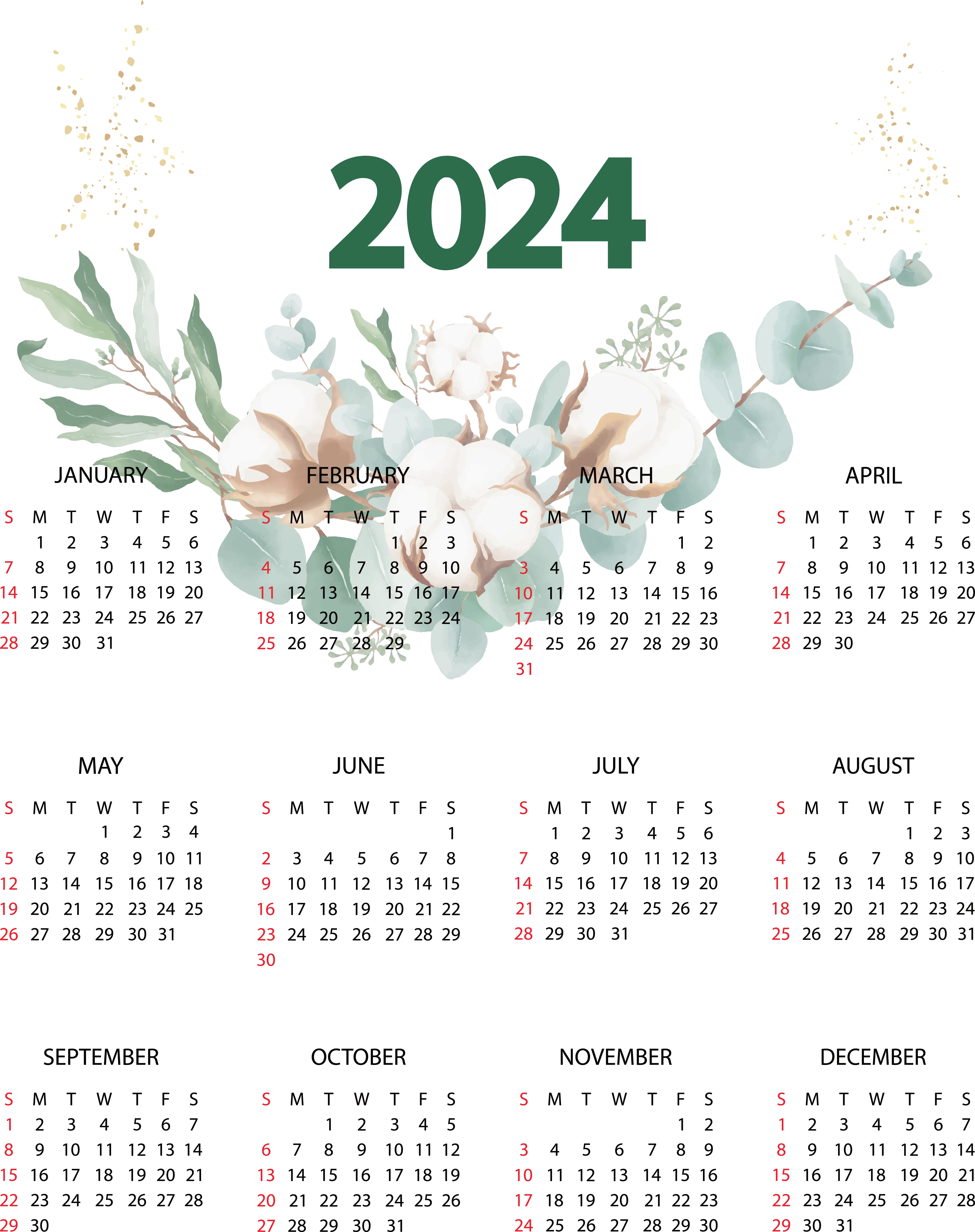 2024 Green Toned Calendar with Botanical Theme