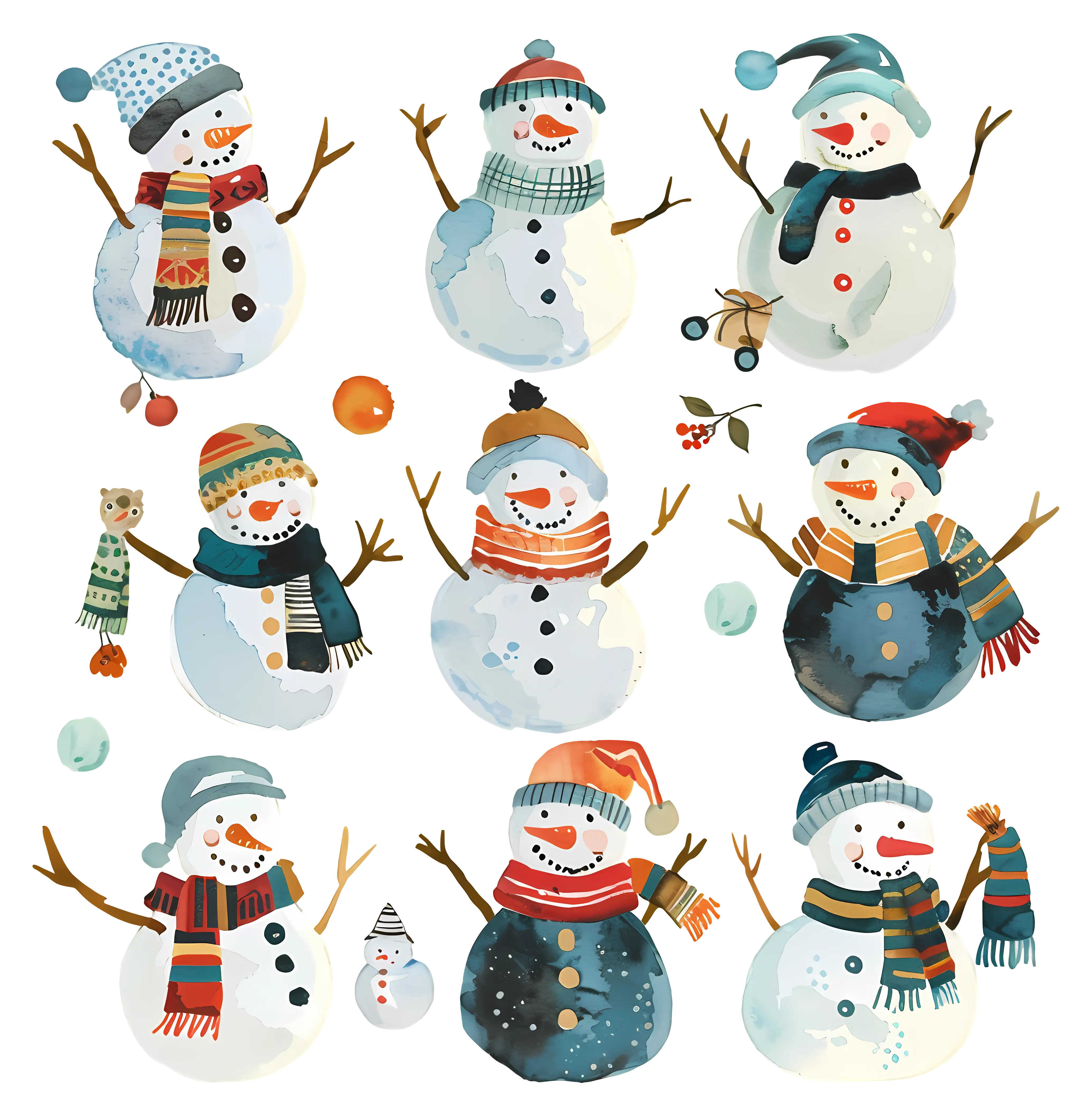 Holiday Snowmen in Festive Watercolor Design