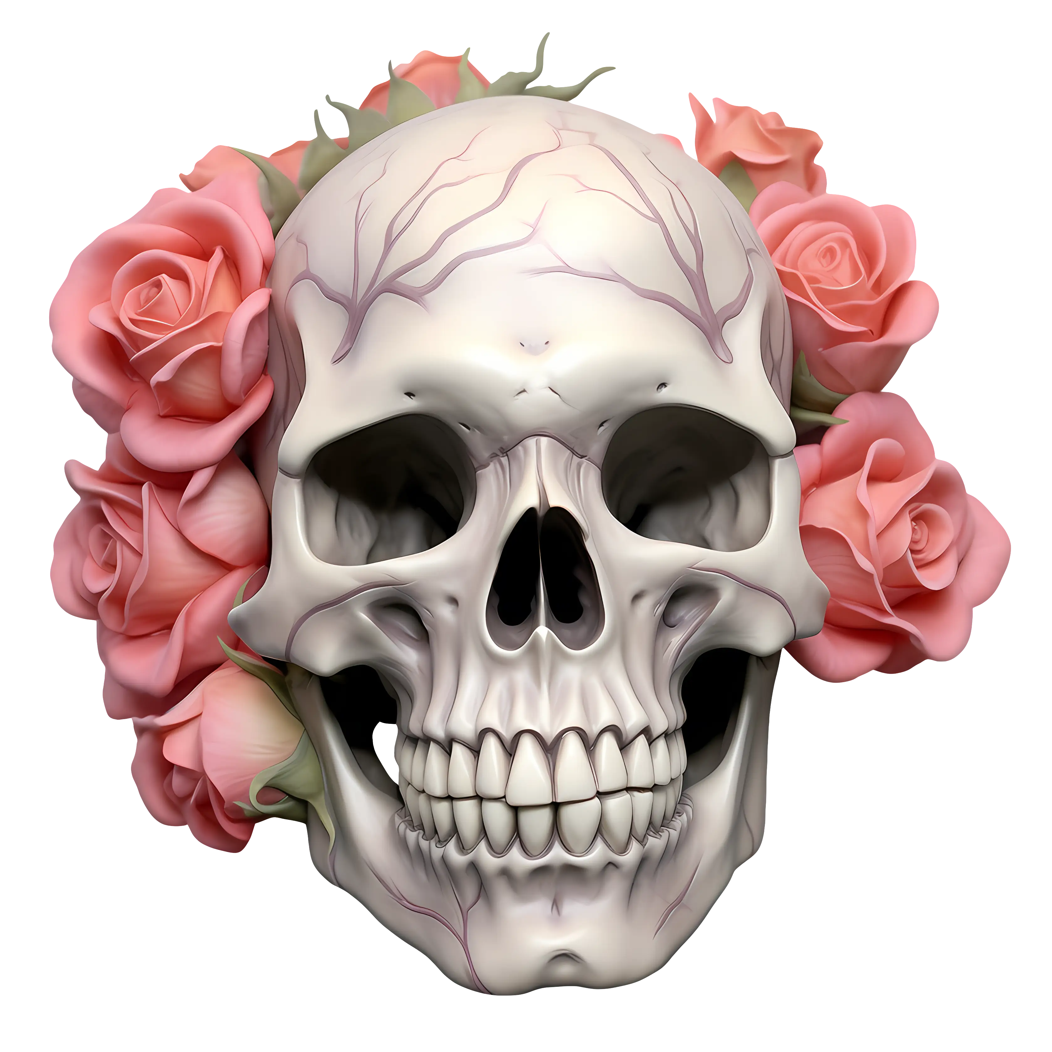 Skull Surrounded by Pink Roses