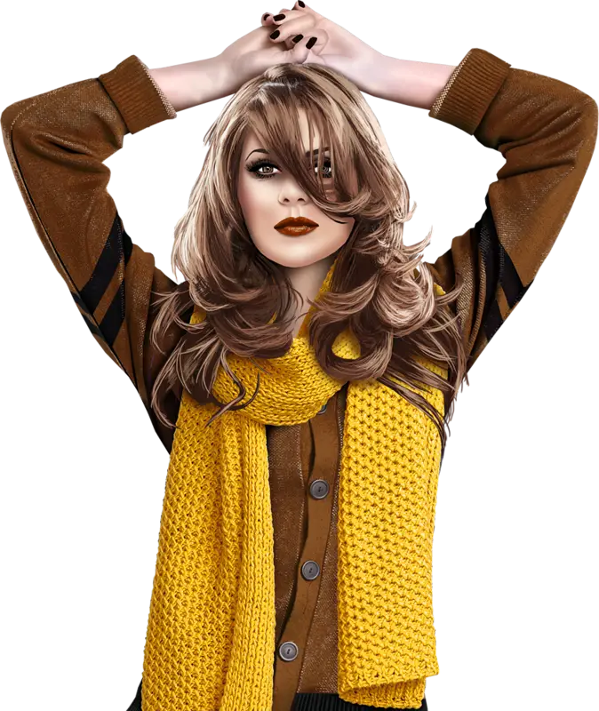 Fashionable Woman in Yellow Scarf and Brown Sweater