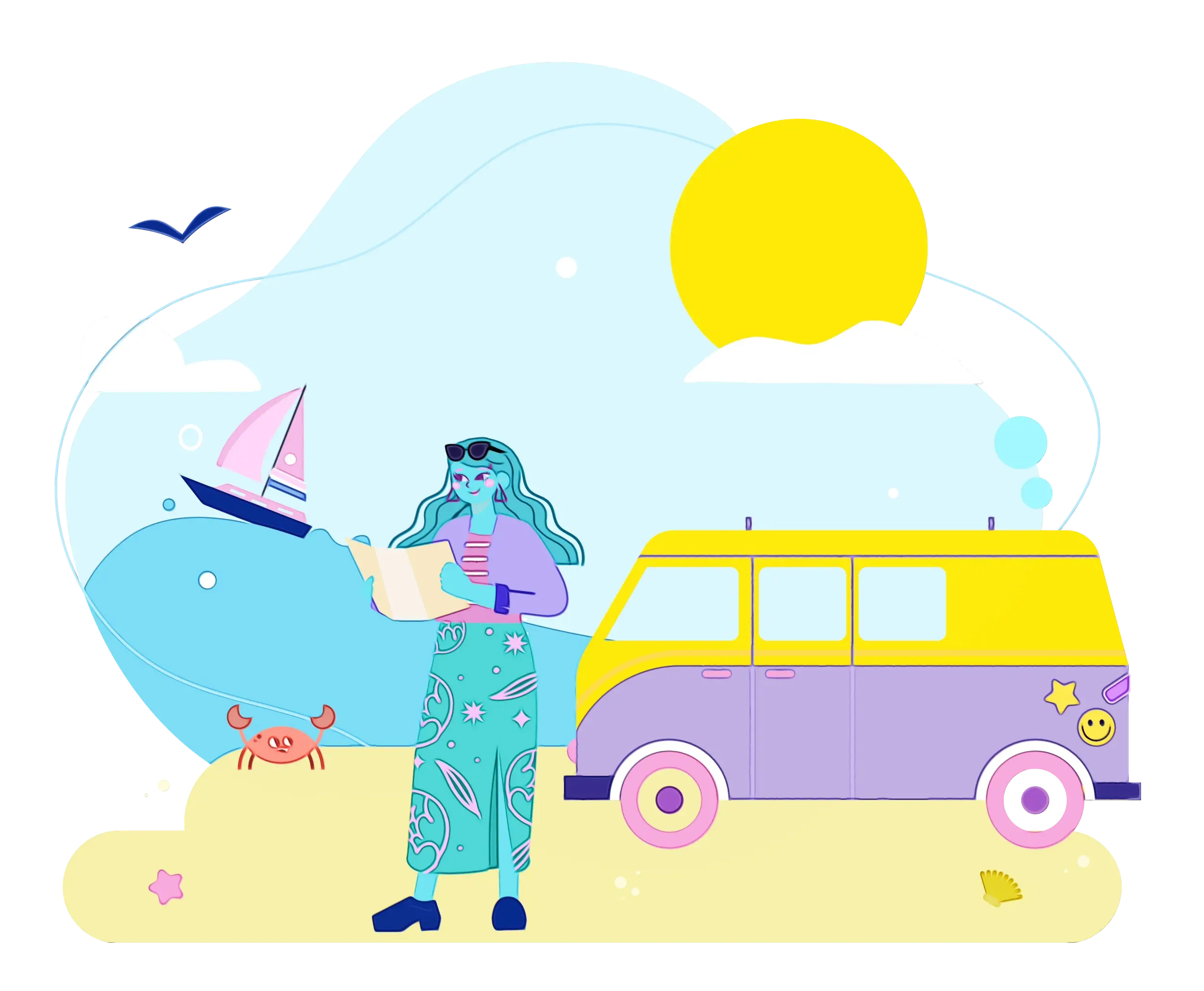 Woman Traveling with Yellow Van on Beach