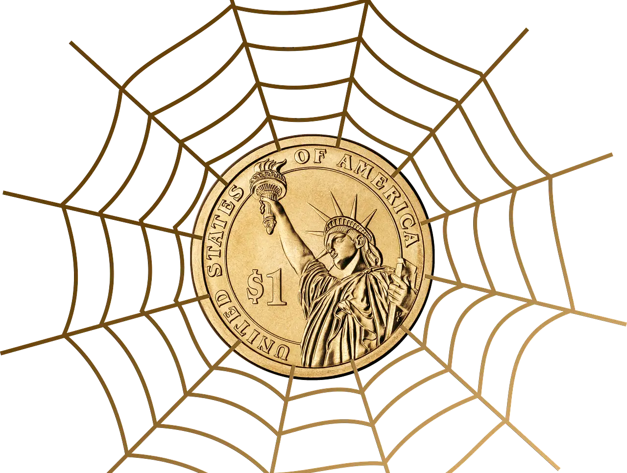 Golden Coin Trapped on Spider Web