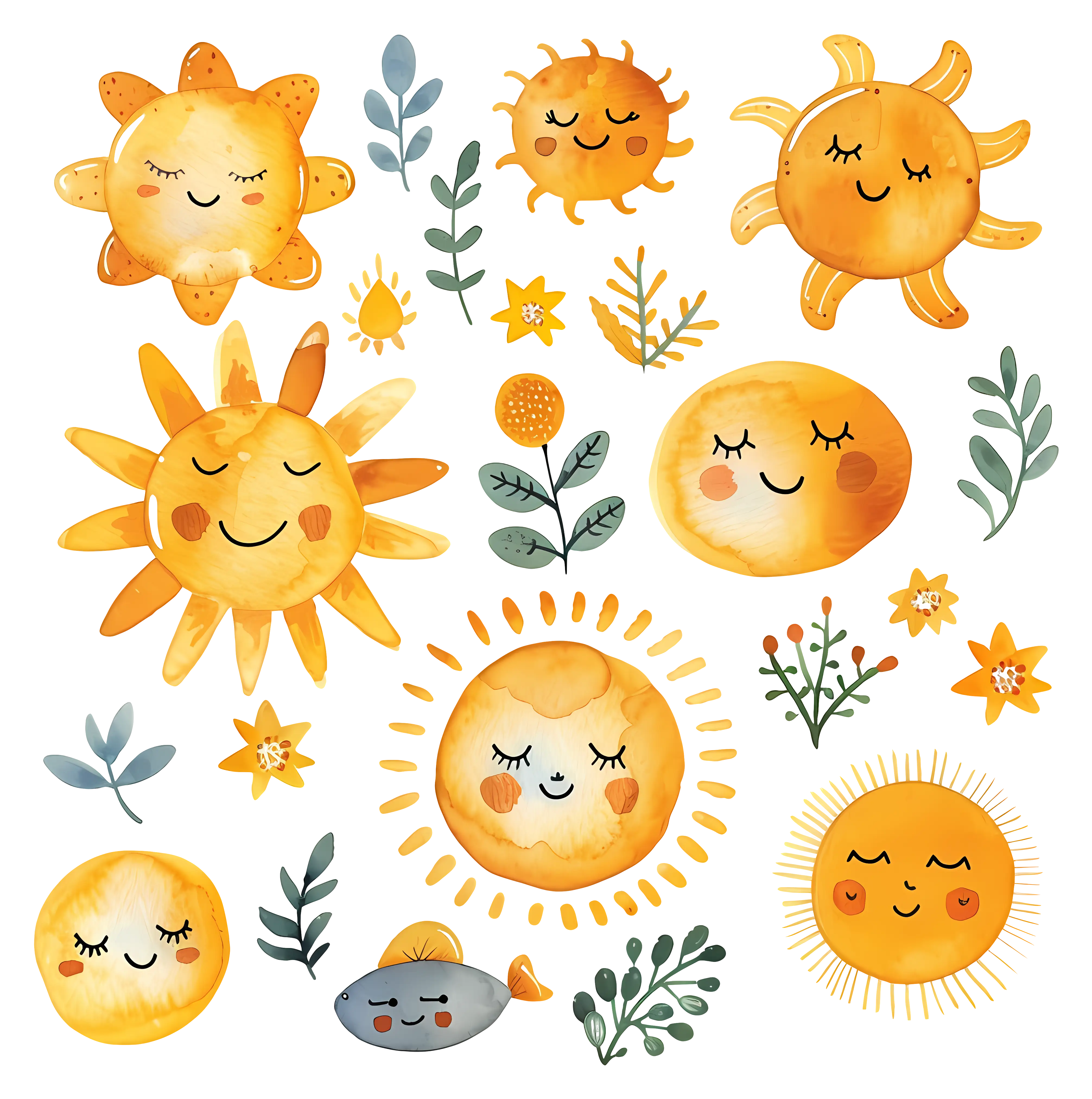 Cheerful Smiling Suns with Yellow Rays
