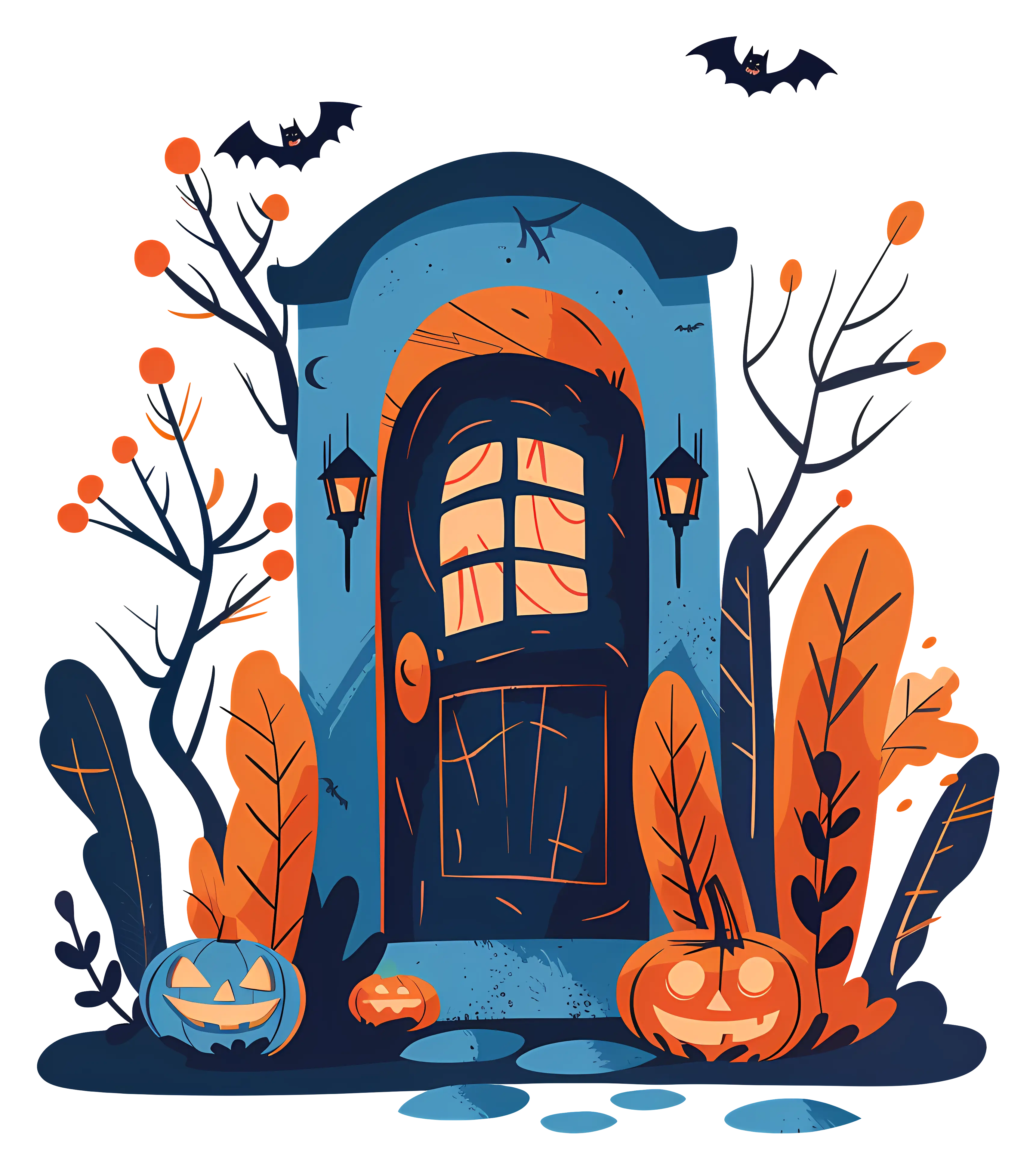 Halloween door with pumpkins and spooky decor