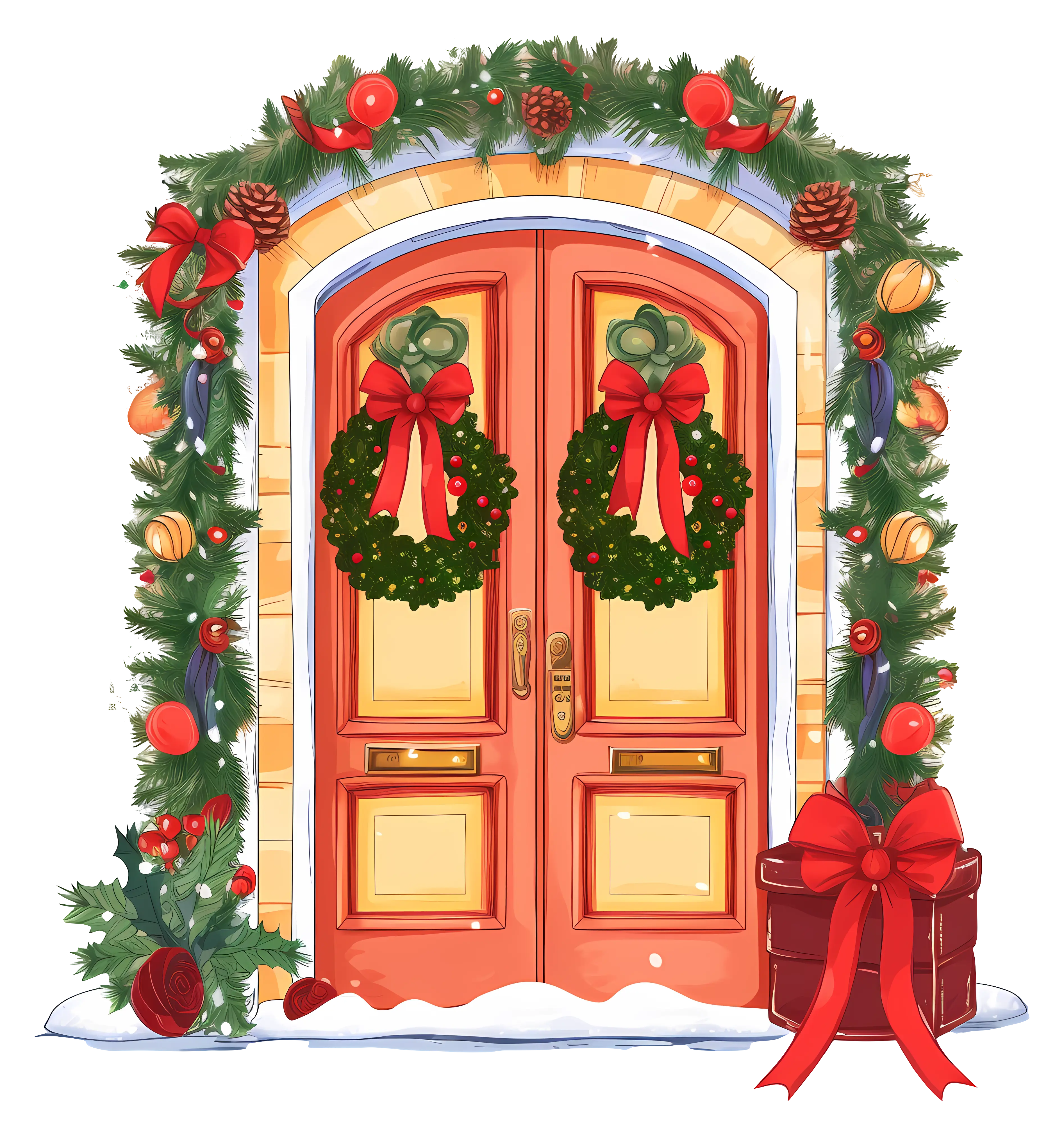 Festive Doorway with Wreaths and Ribbons