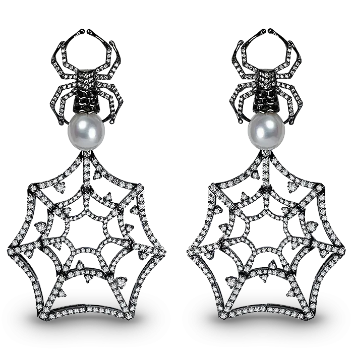 Spider Web Earrings with Pearl Accents for Halloween
