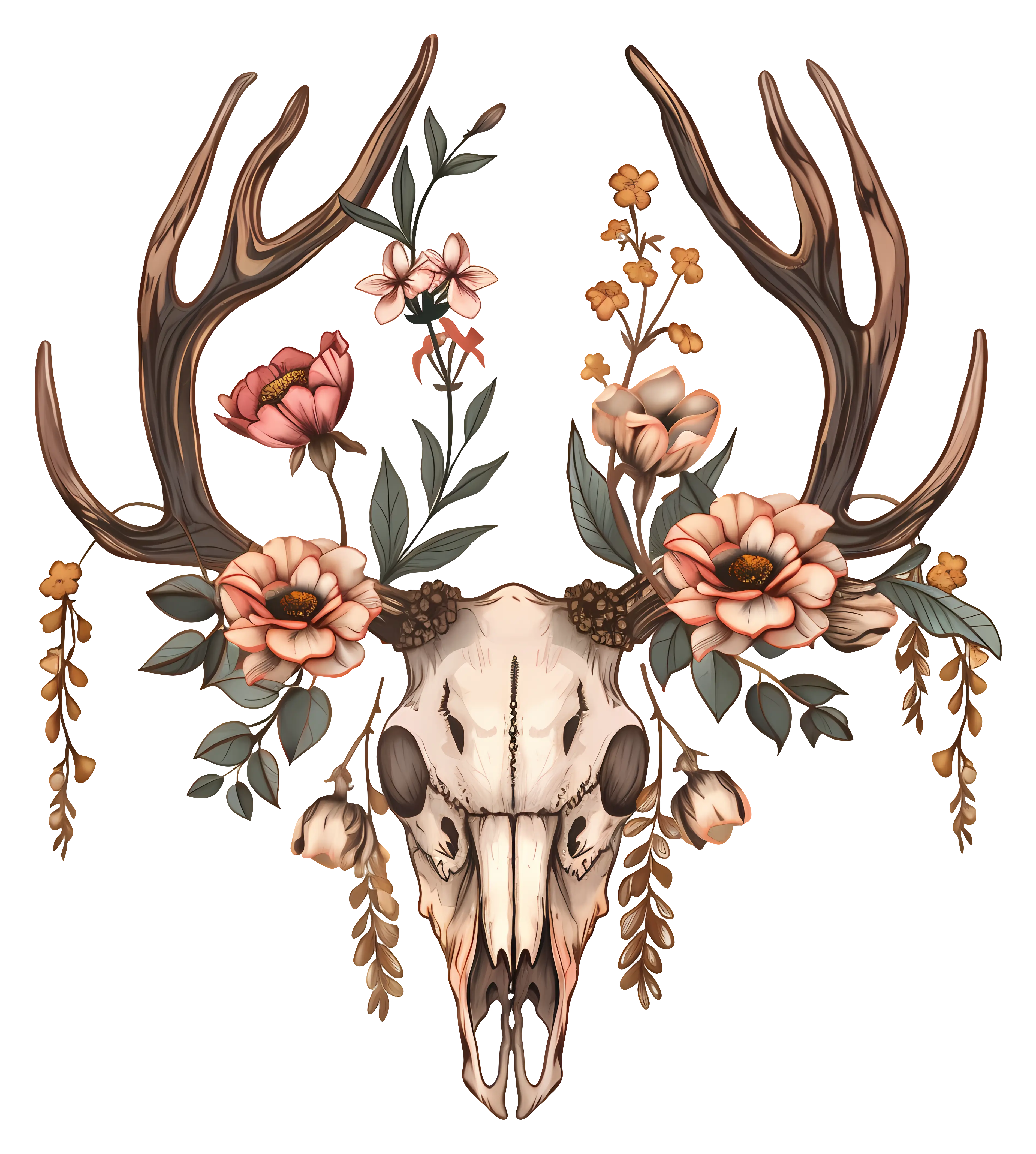 Decorative Deer Skull with Floral Accents and Antlers