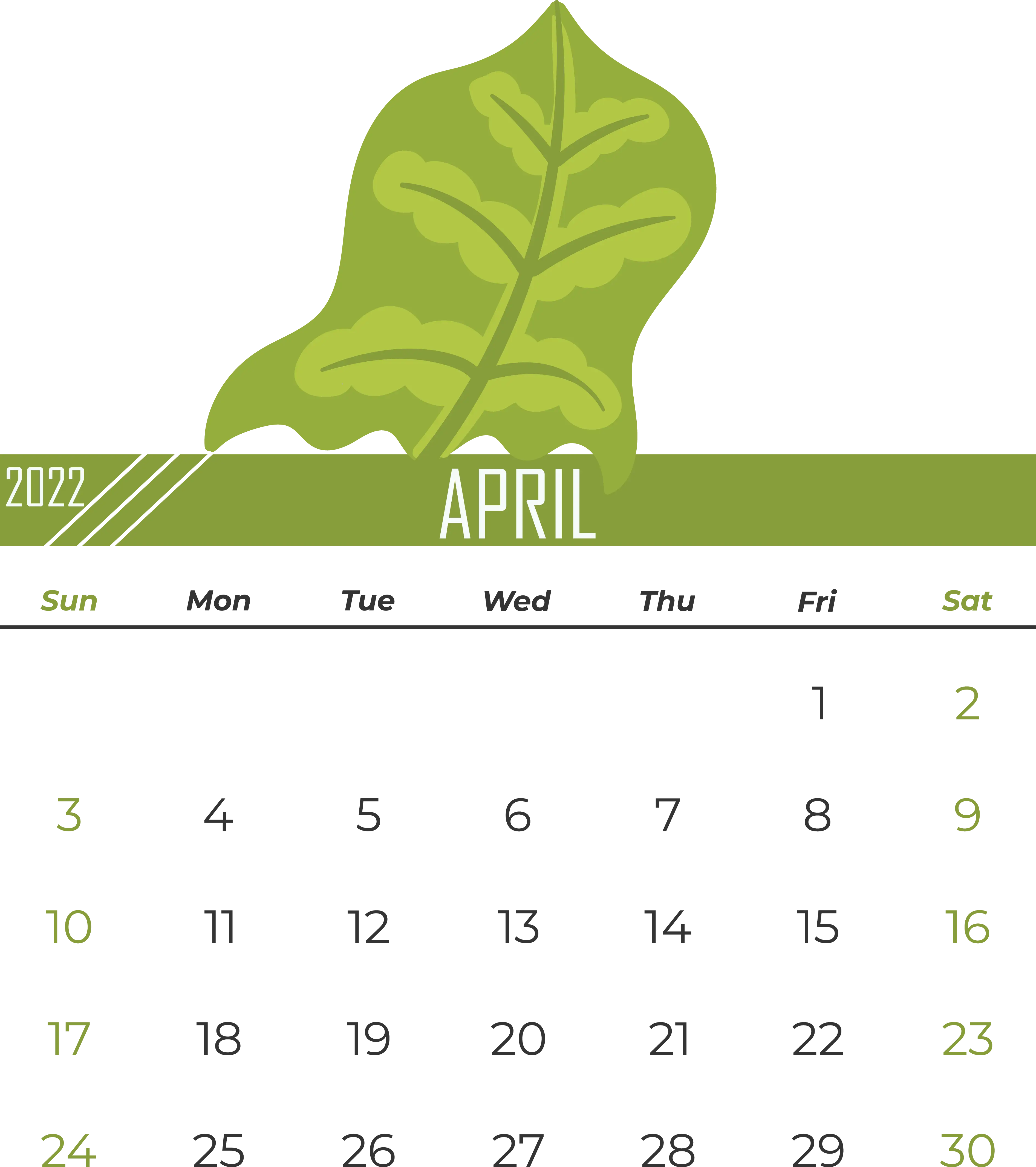 April 2022 Calendar with Green Leaf