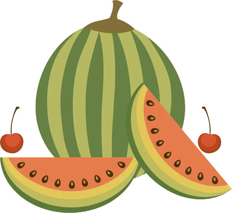 Whole and Sliced Watermelon with Cherries Illustration