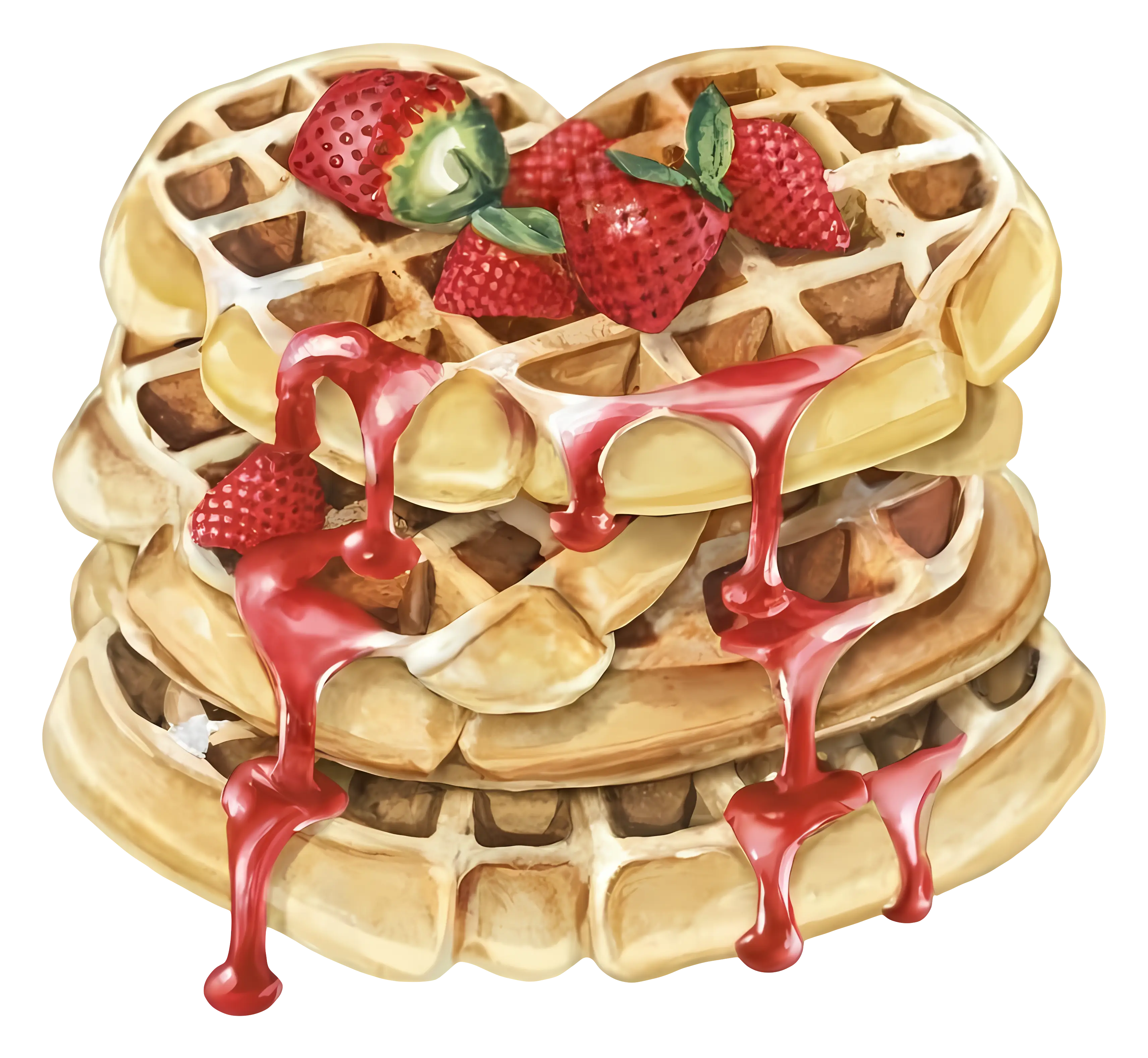 Heart-Shaped Waffles with Strawberries and Syrup Topping