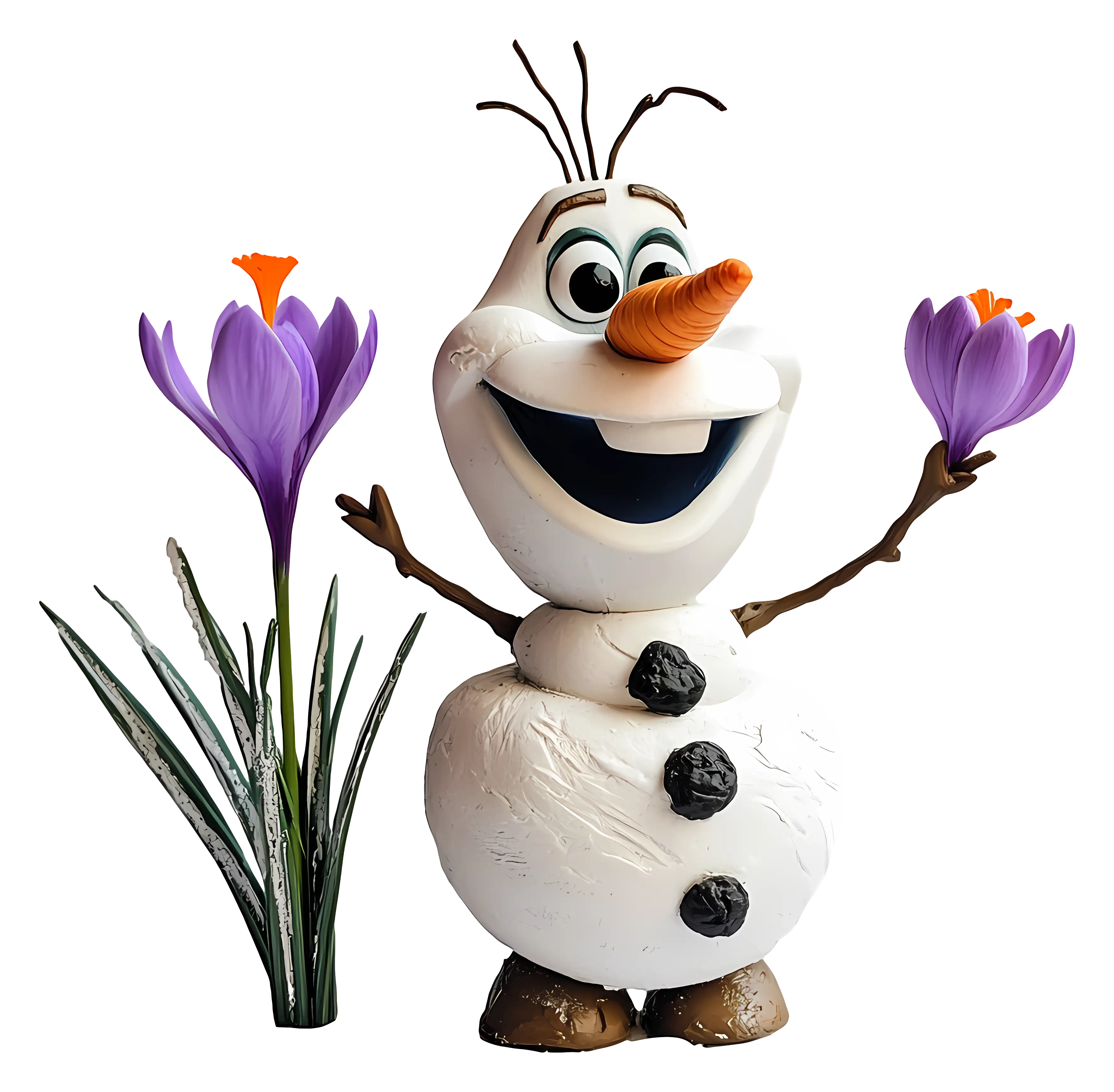 Cheerful Snowman Holding Purple Flowers Cartoon