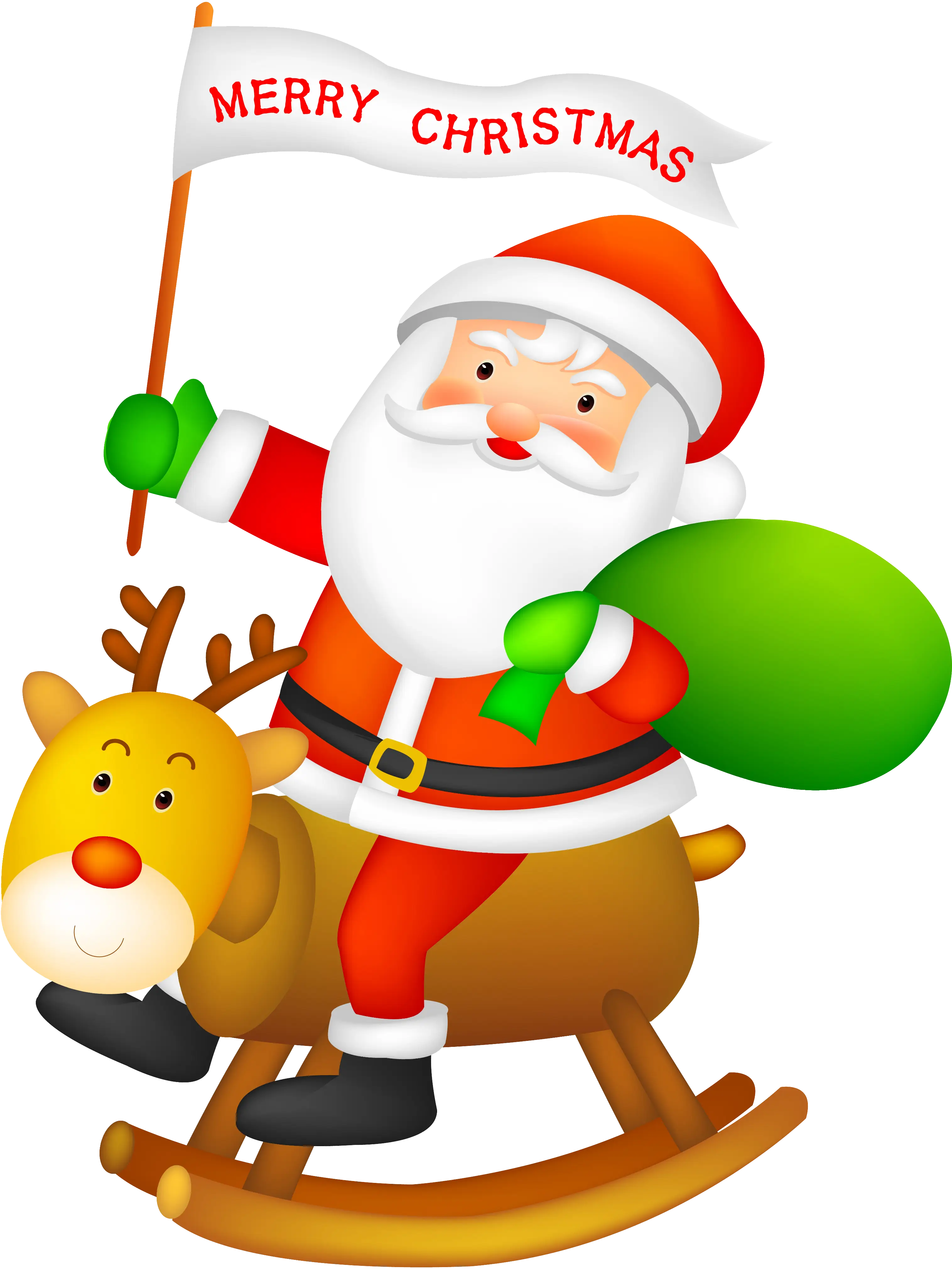 Santa Claus riding a rocking reindeer with Merry Christmas flag