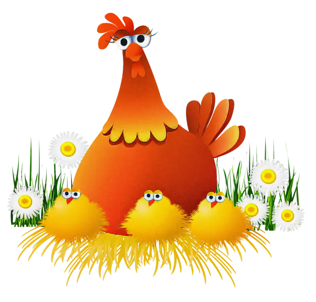 Cartoon Hen Caring for Her Chicks in the Farmyard