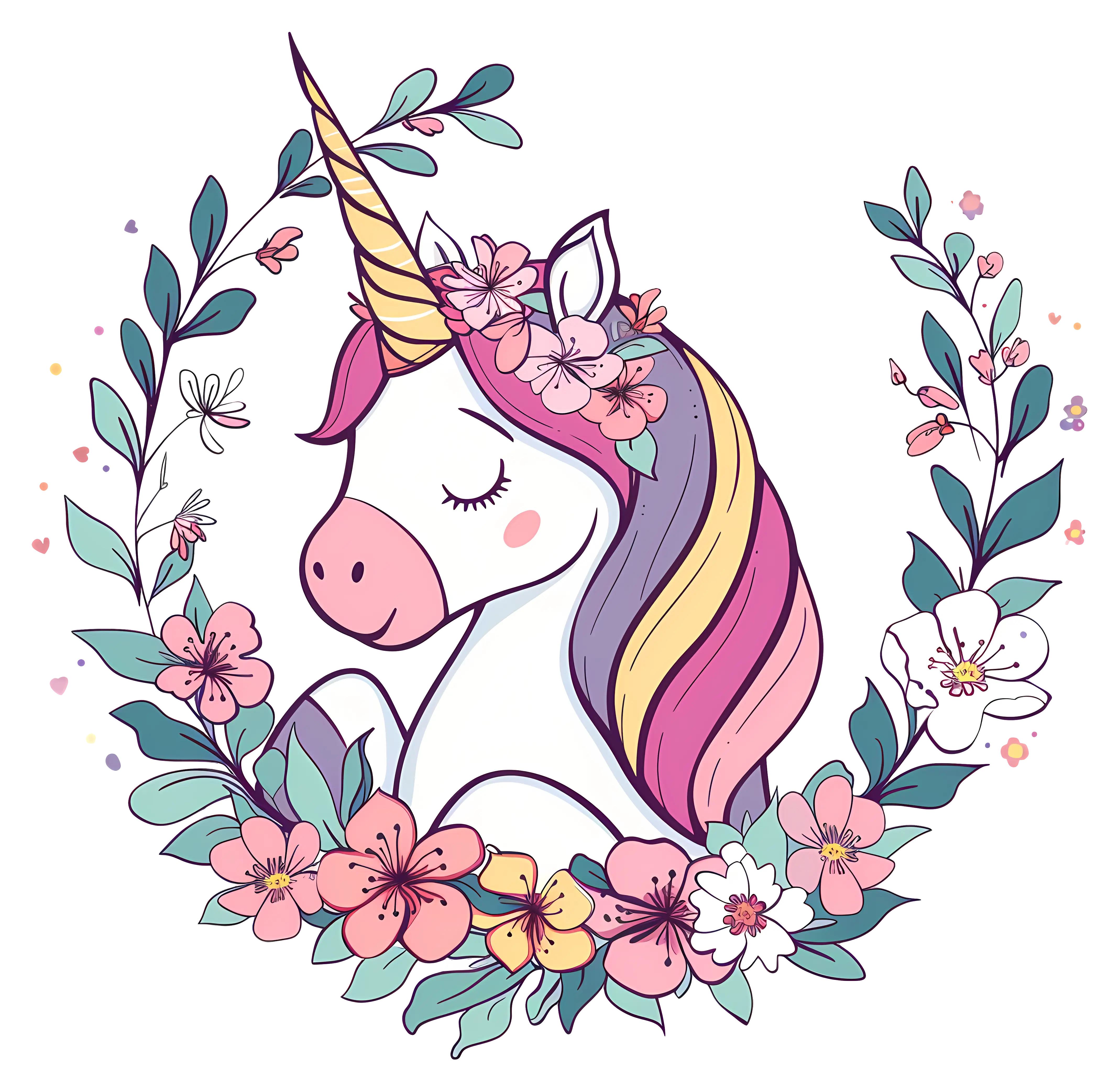 Cute Unicorn with Flowers