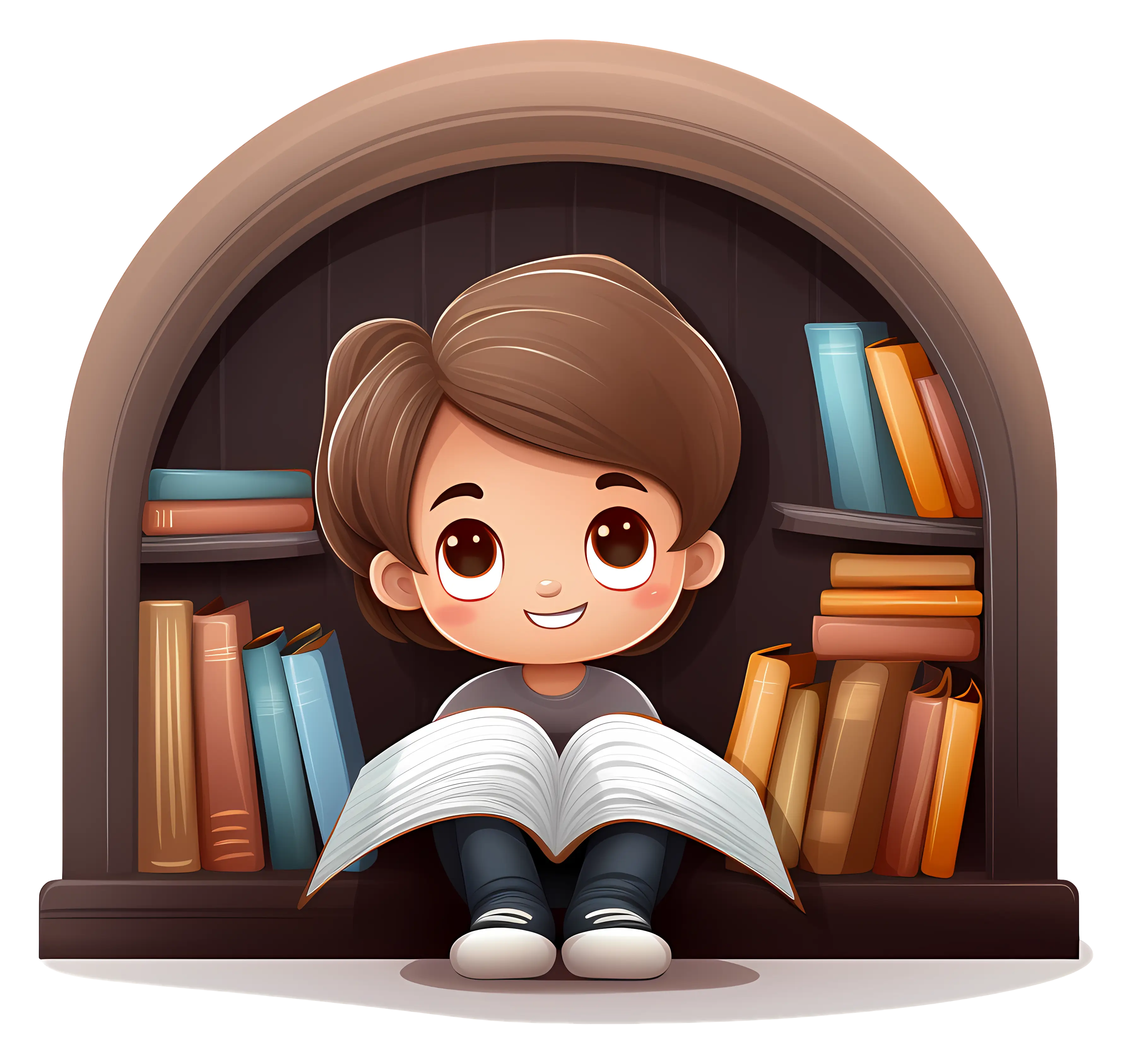Cute Child Reading a Book in a Bookshelf