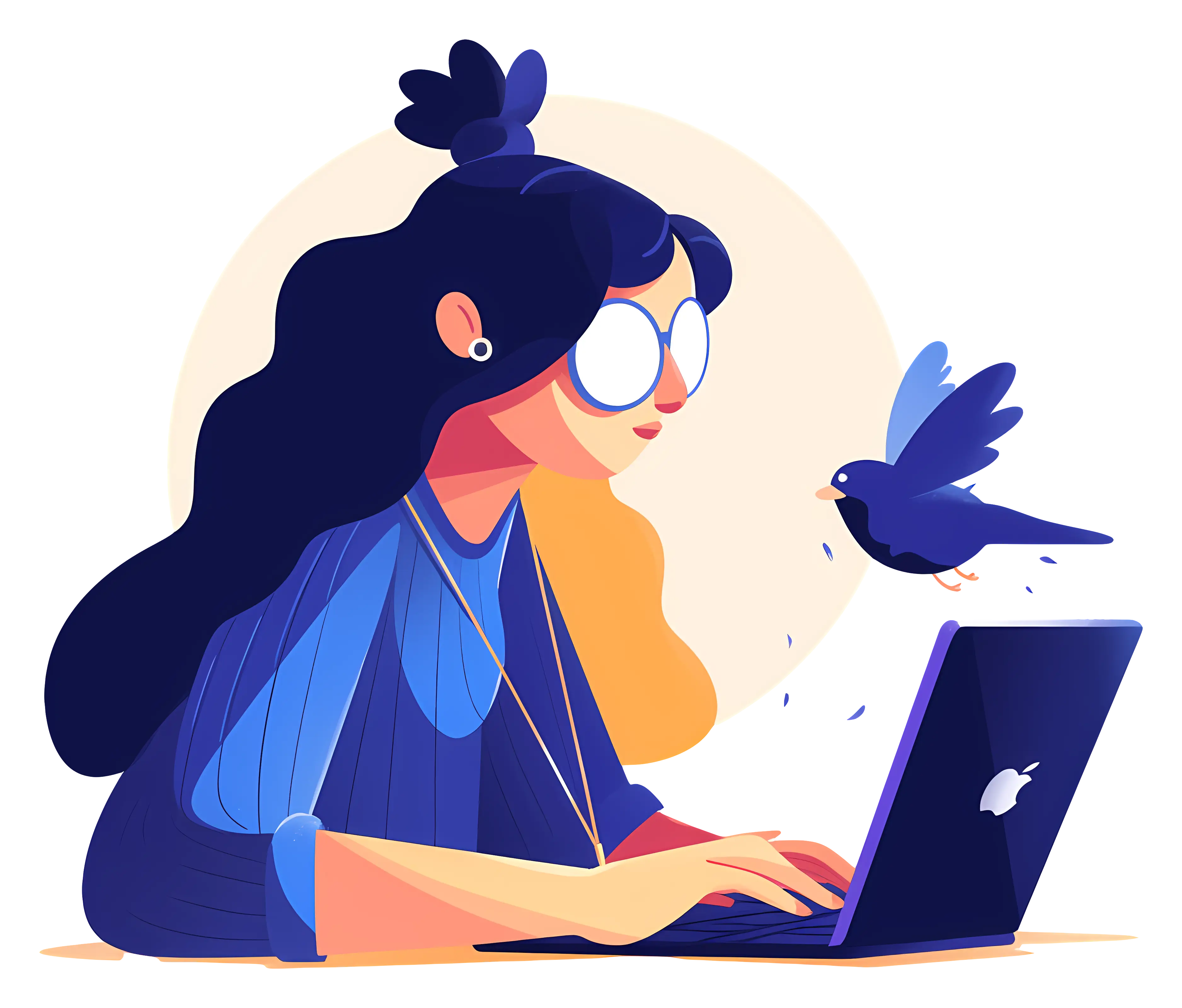 Woman Typing on Laptop with Bird
