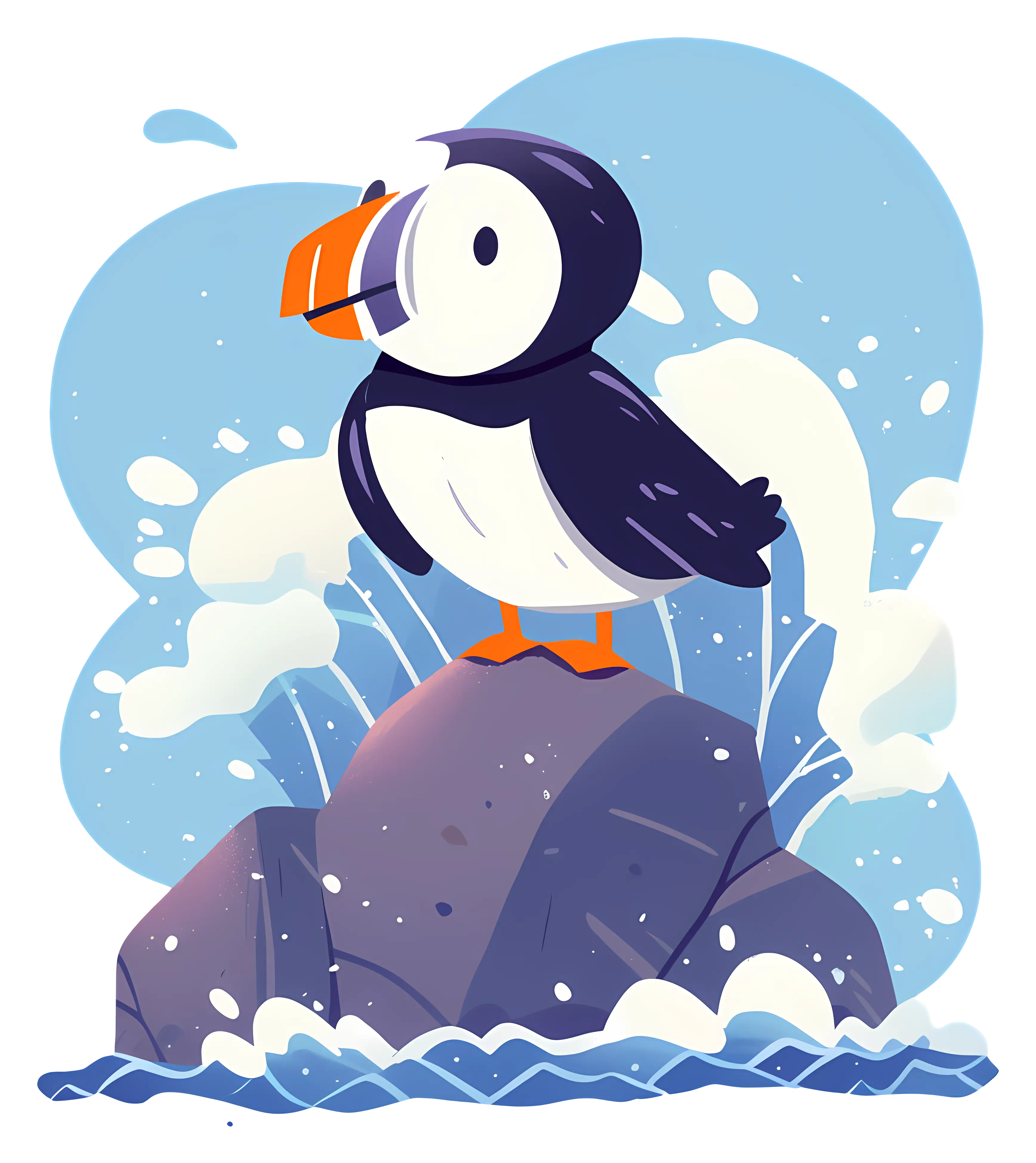 Puffin on Rock with Ocean Waves
