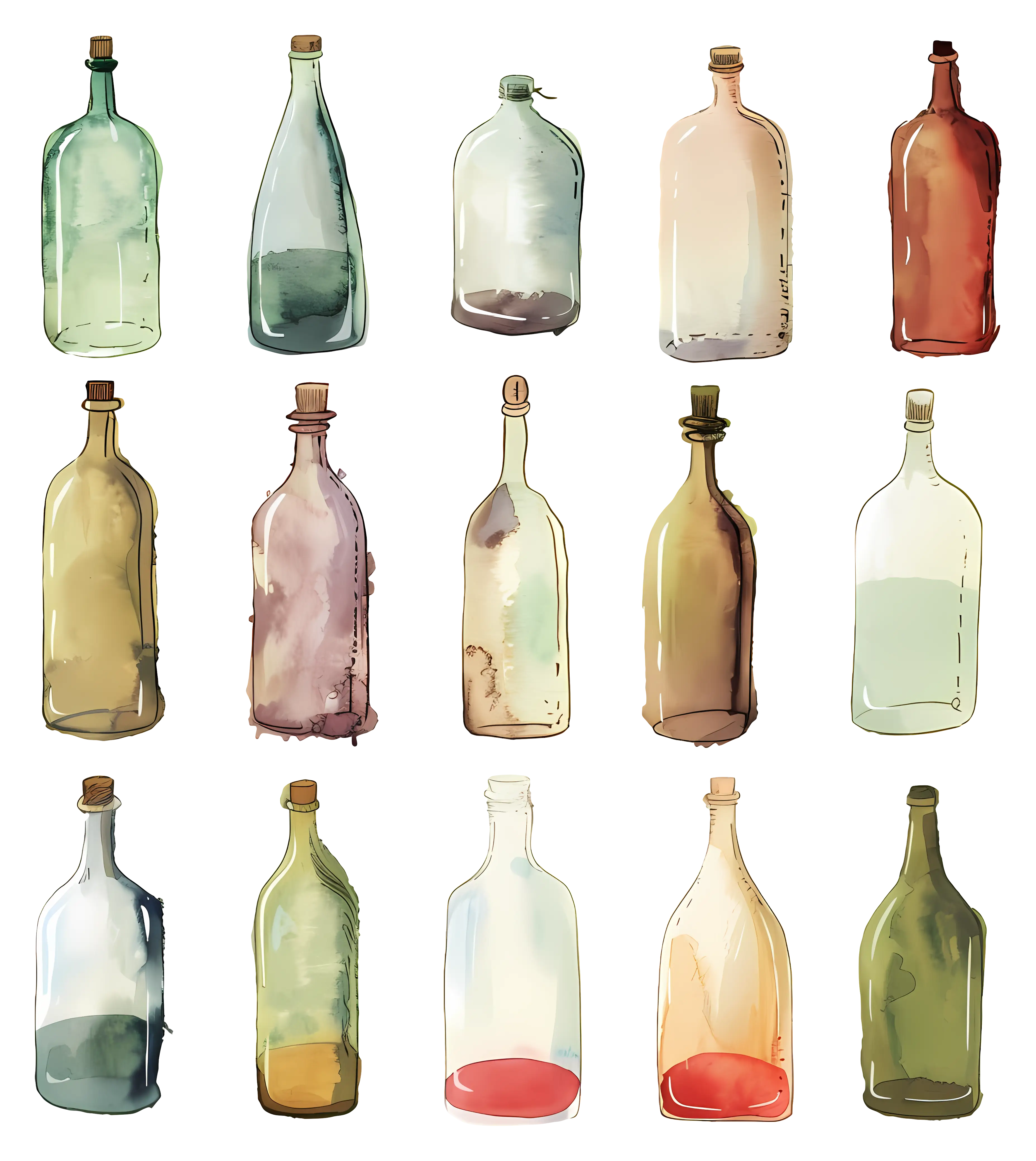 Vintage Watercolor Glass Bottle Collection