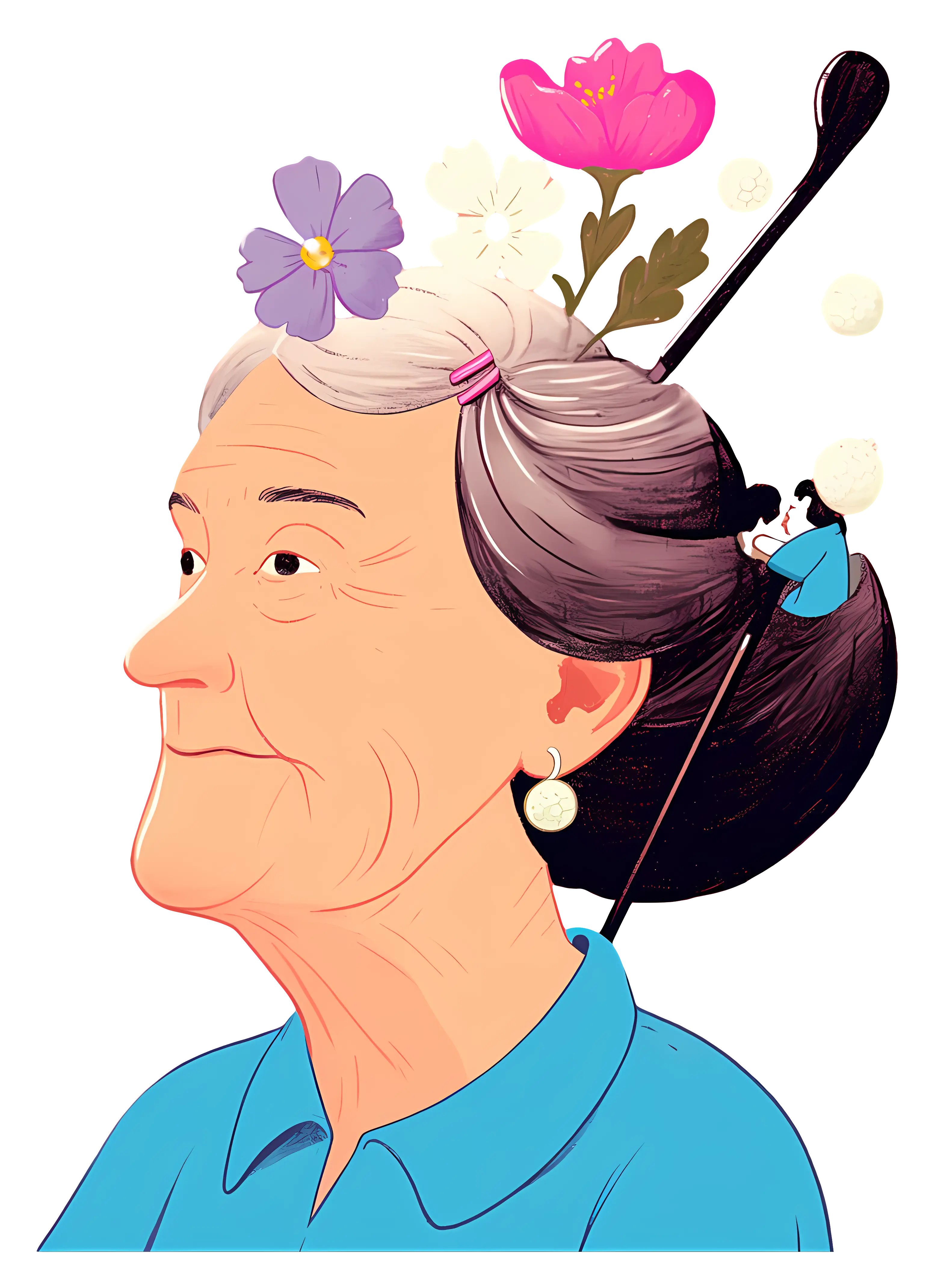 Elderly Woman with Floral Hair