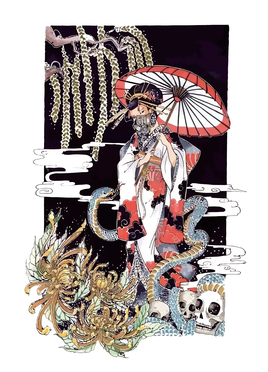 Traditional Japanese Art with Umbrella and Skulls