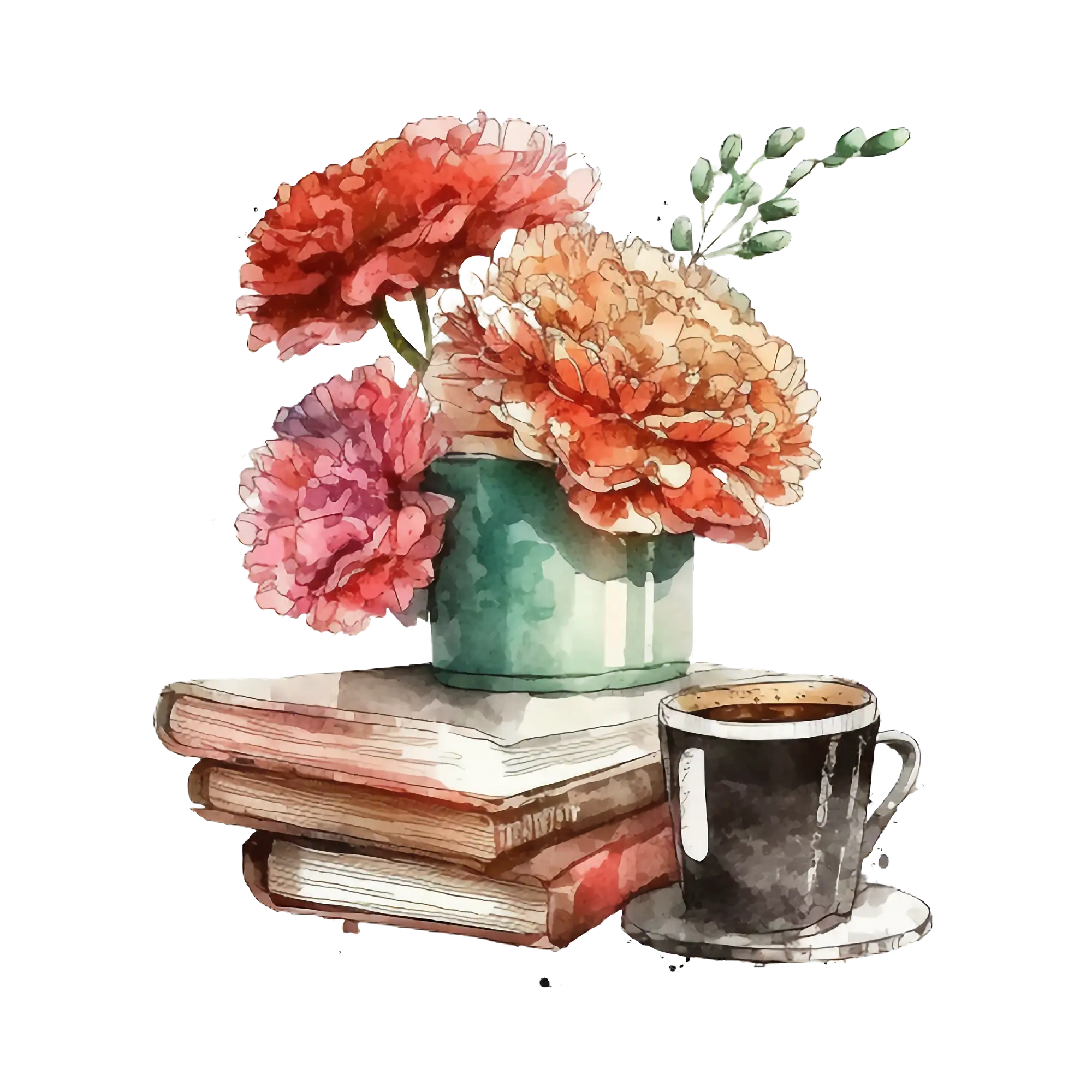 Cozy Flowers, Books and Coffee Watercolor Illustration