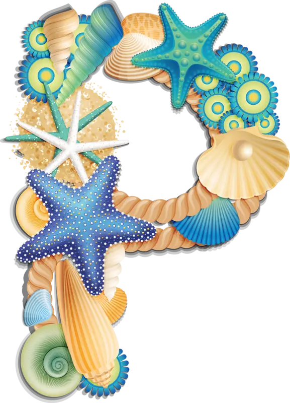 Decorative Seashells and Starfish Forming Letter P Illustration