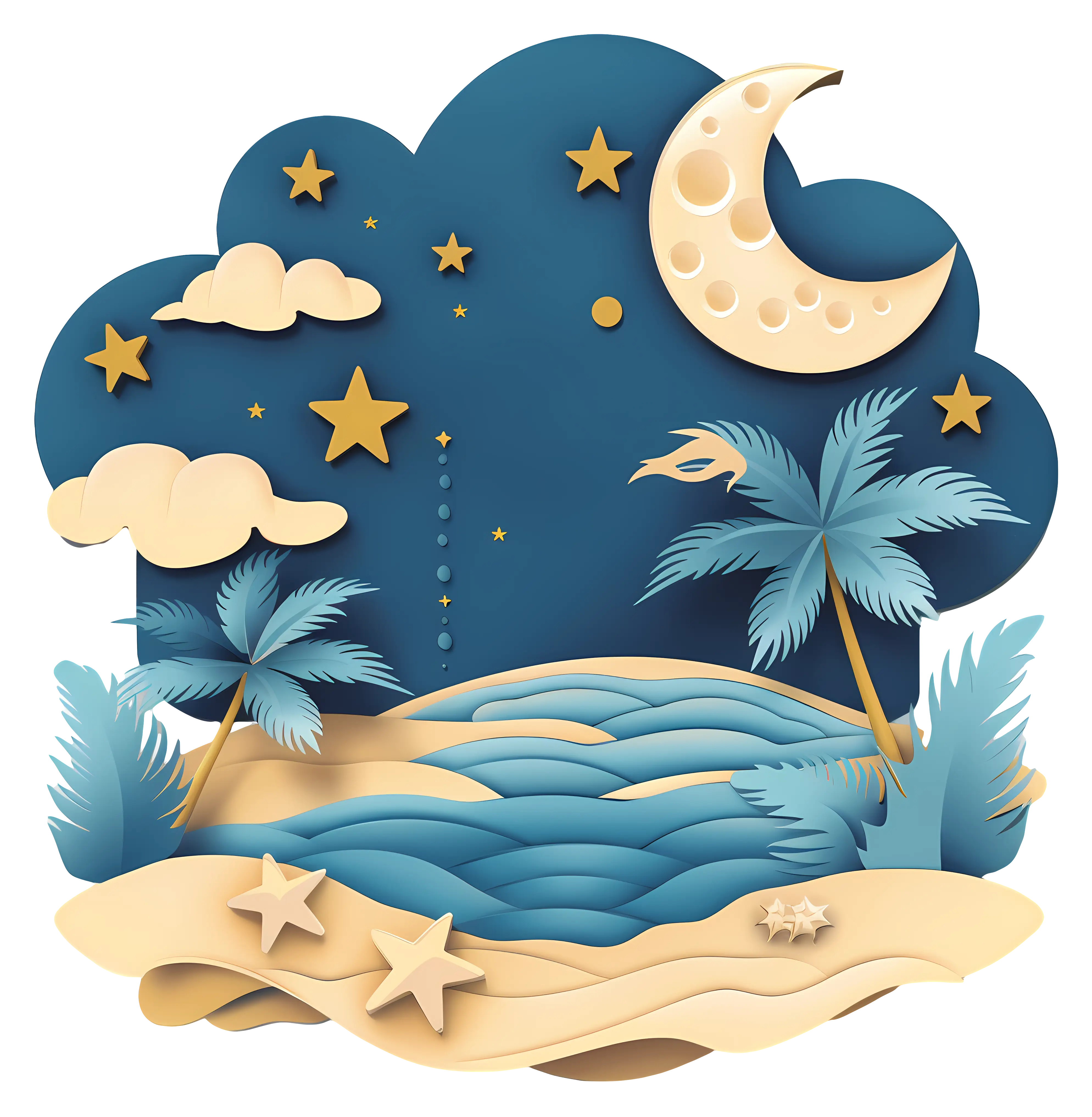 Night Scene with Moon, Stars, and Beach Landscape