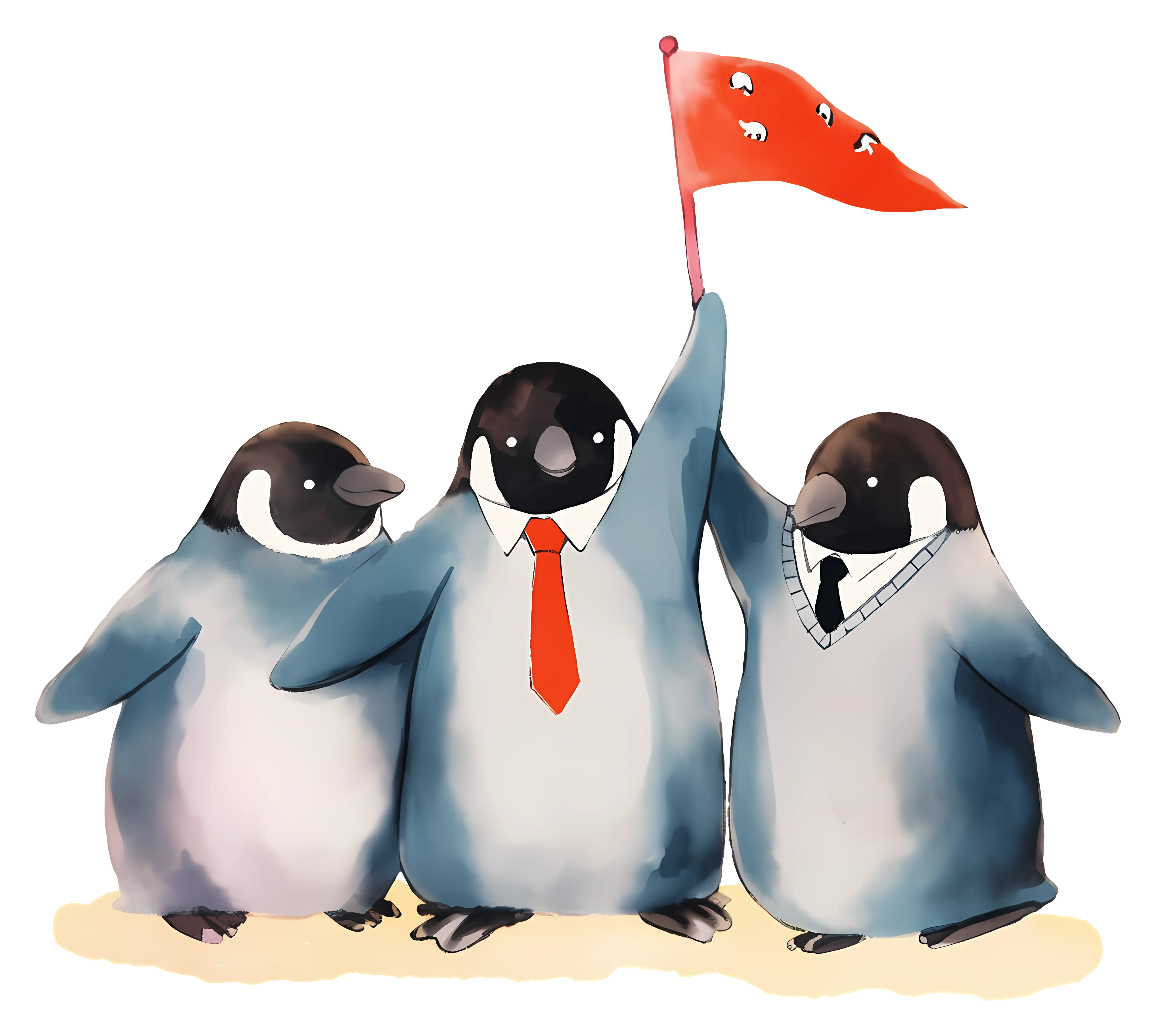 Three Penguins with Red Flag Illustration