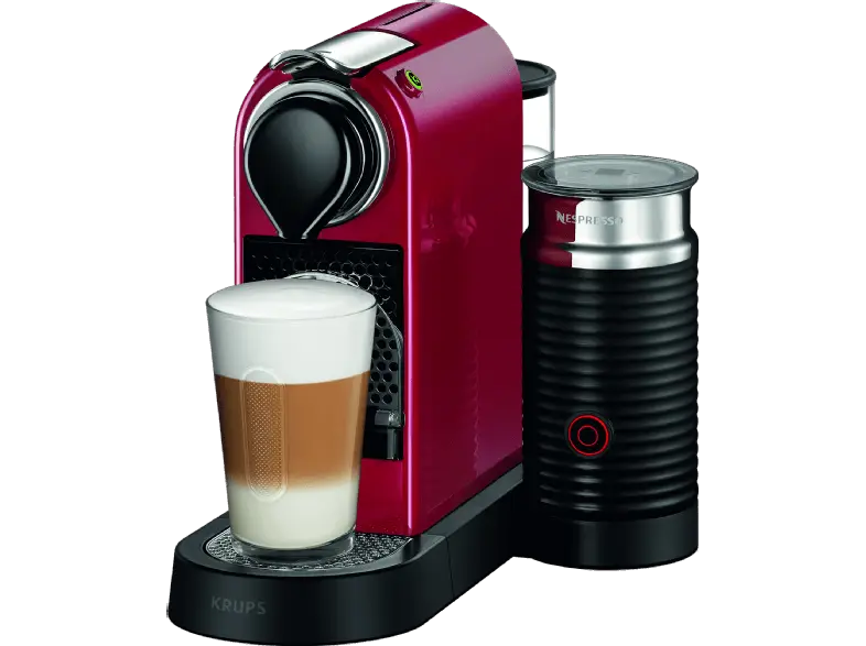 Red Coffee Machine with Latte Glass
