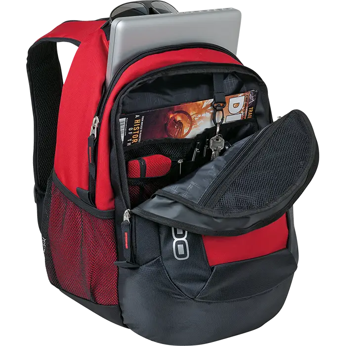 Red and black backpack with compartments
