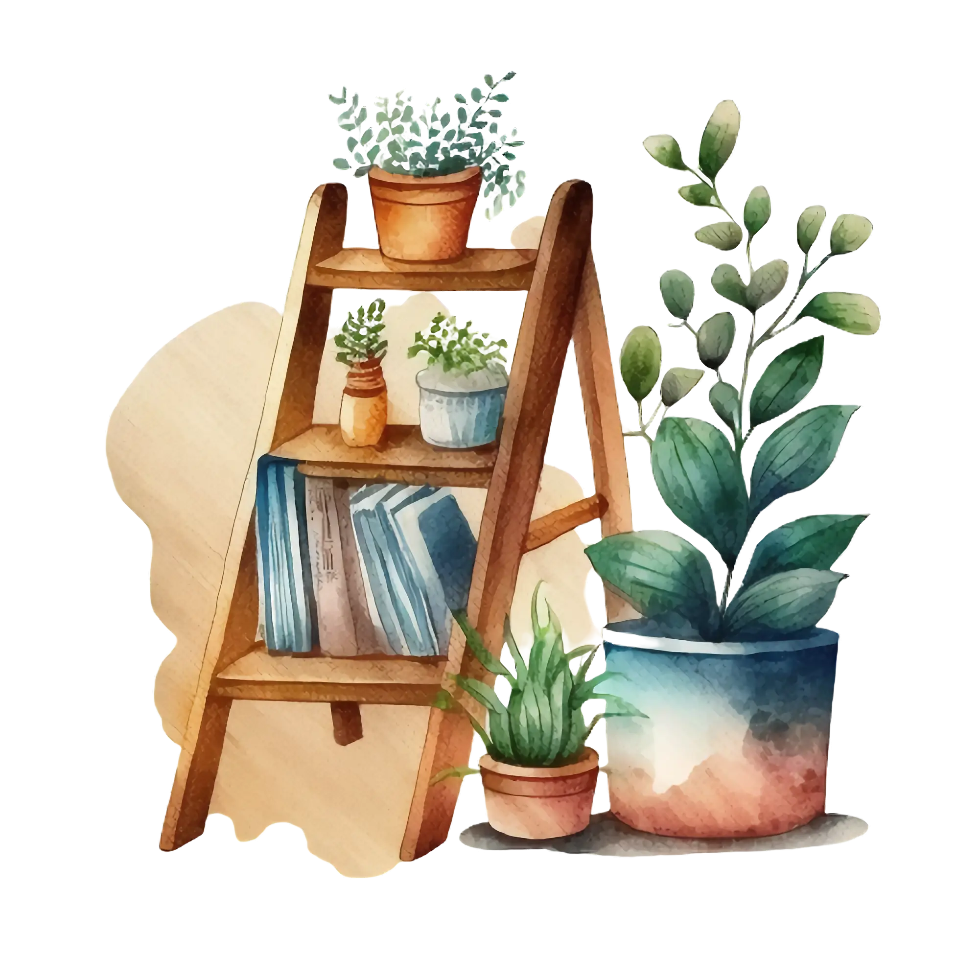 Watercolor Ladder Shelf with Plants and Books