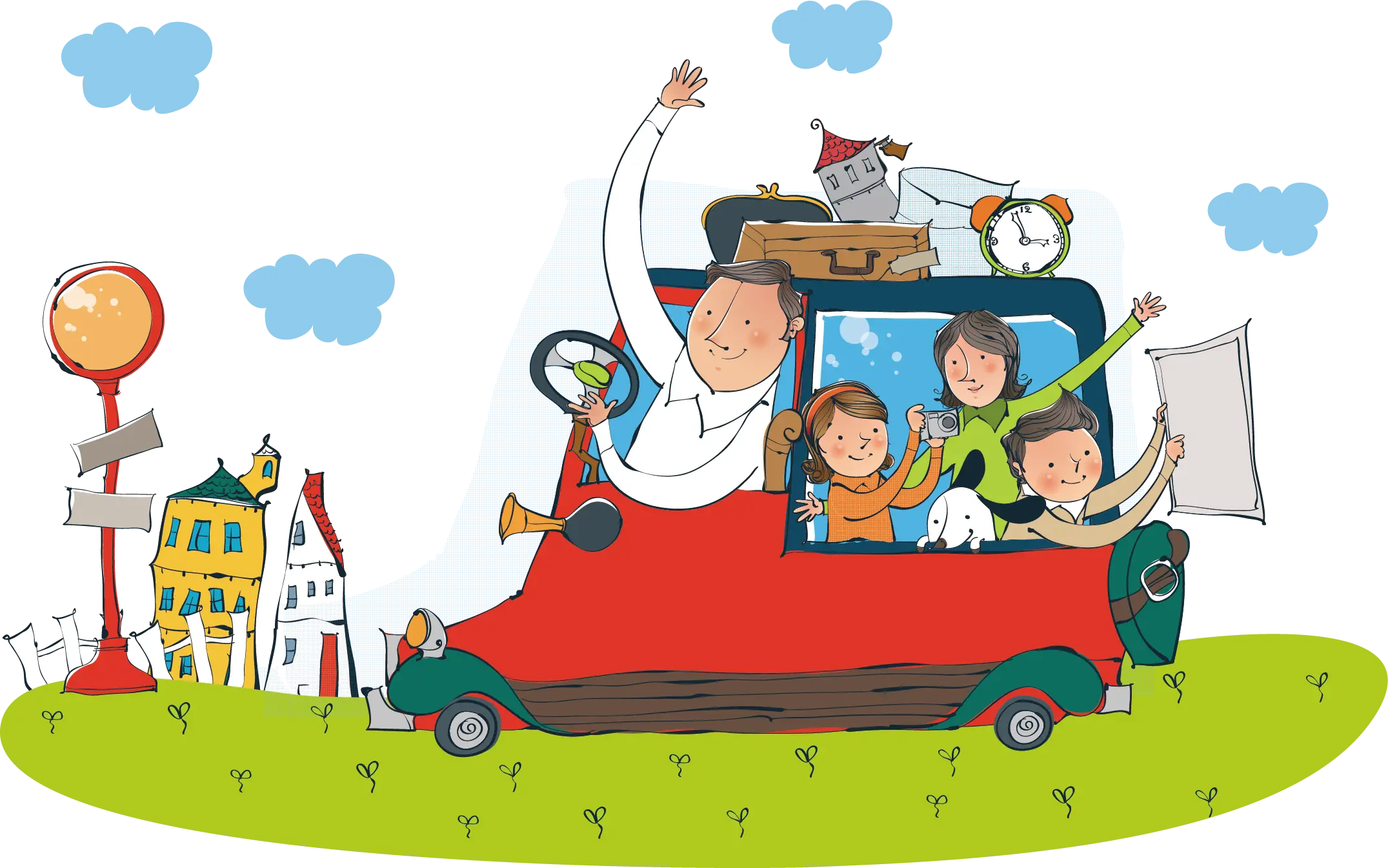 Cartoon Family on a Road Trip