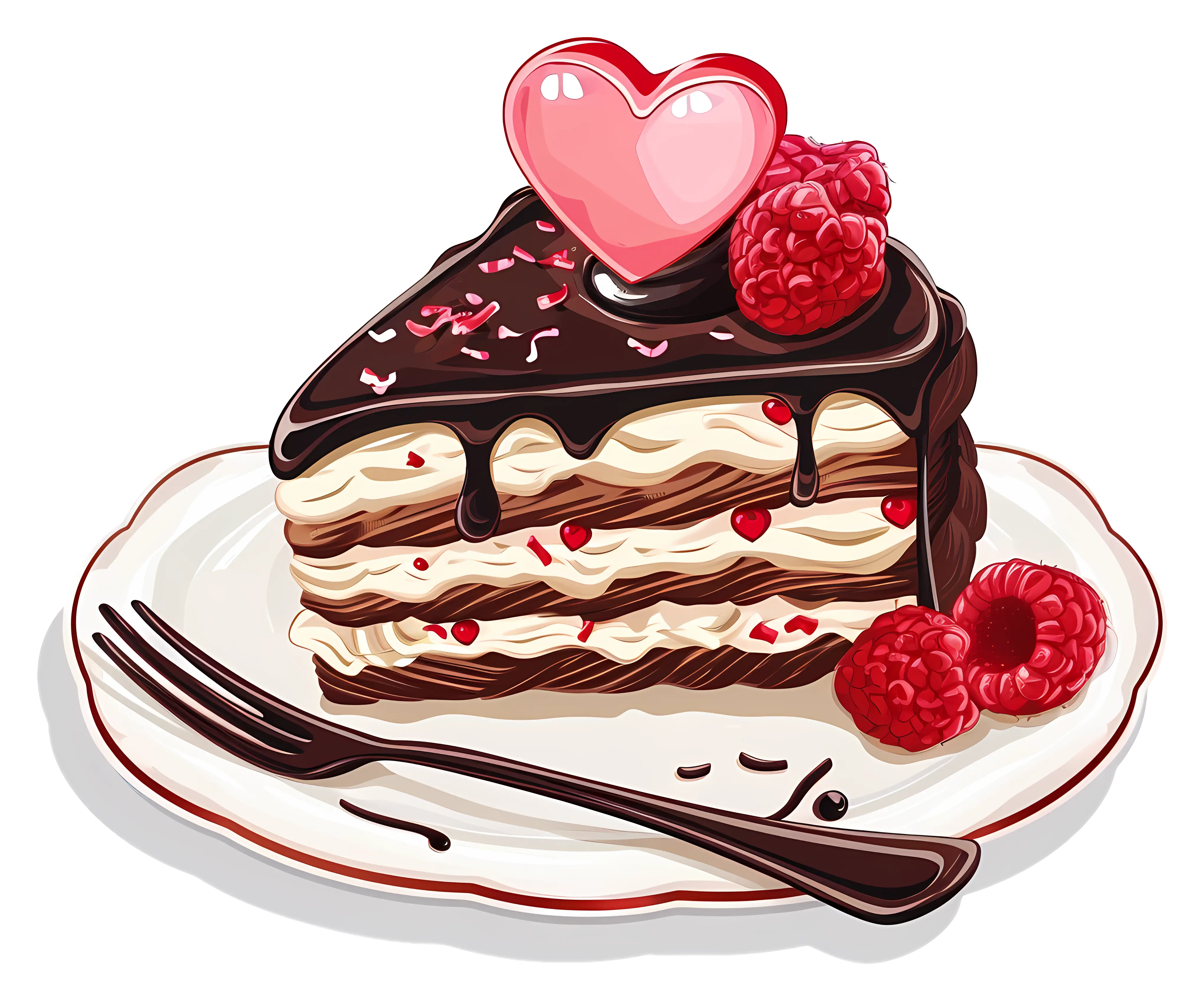 Heart-topped Cake Slice with Raspberries