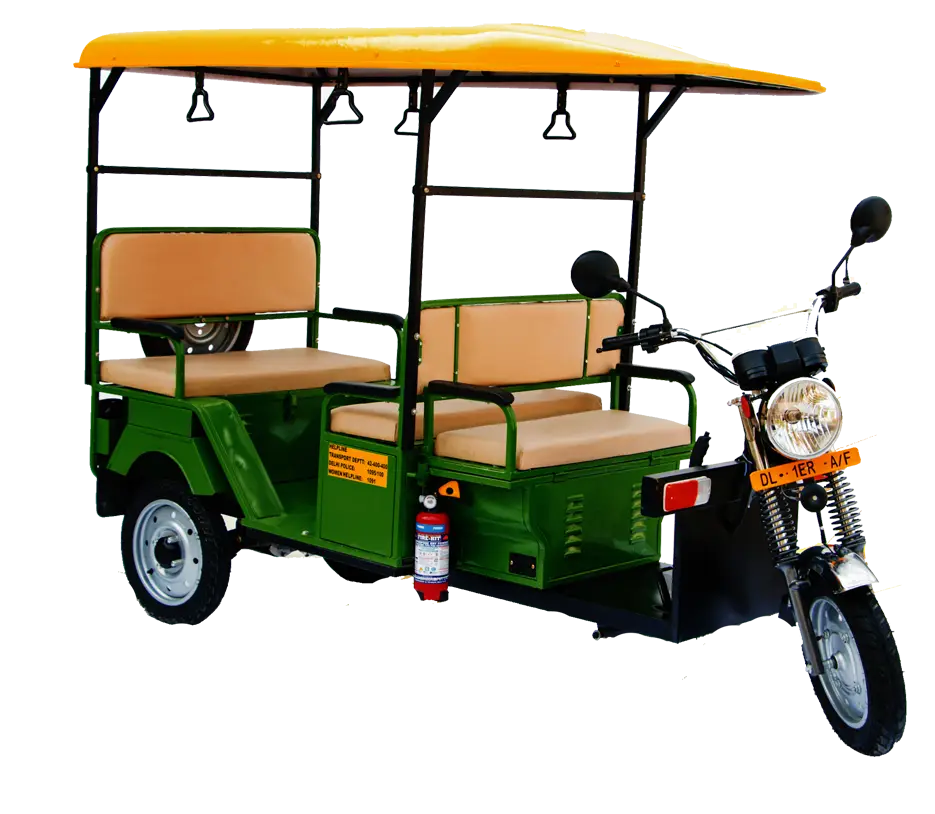 Green Electric Rickshaw with Yellow Roof