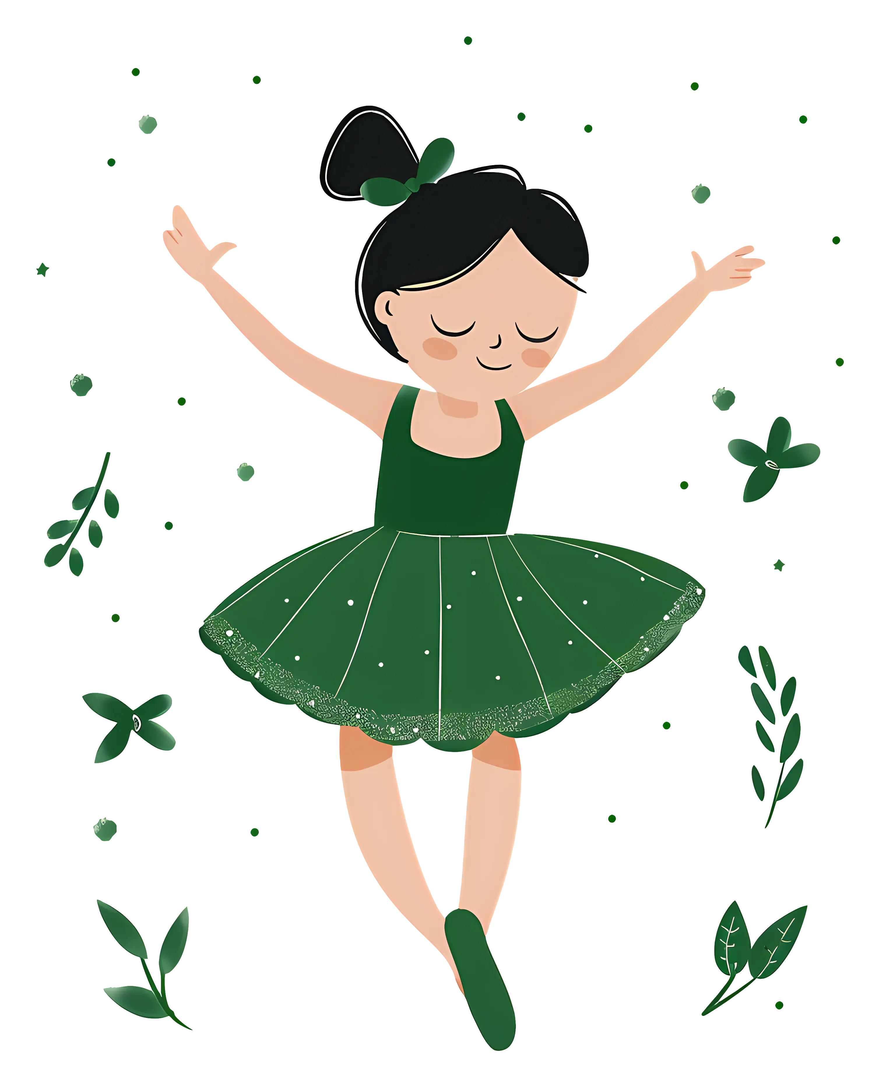 Cute Girl in Green Dress with Leaves Illustration