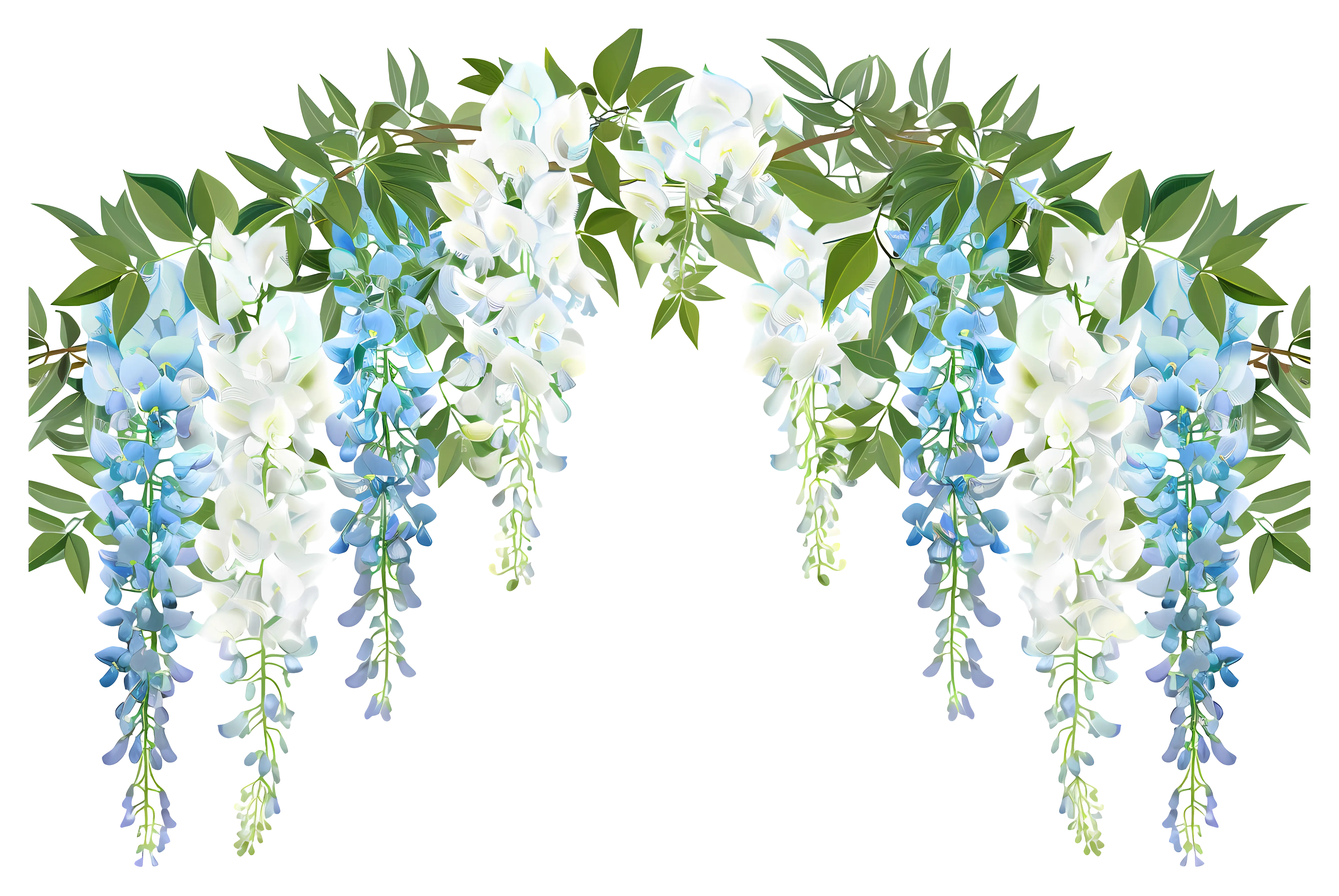 Hanging wisteria vines in white and blue tones