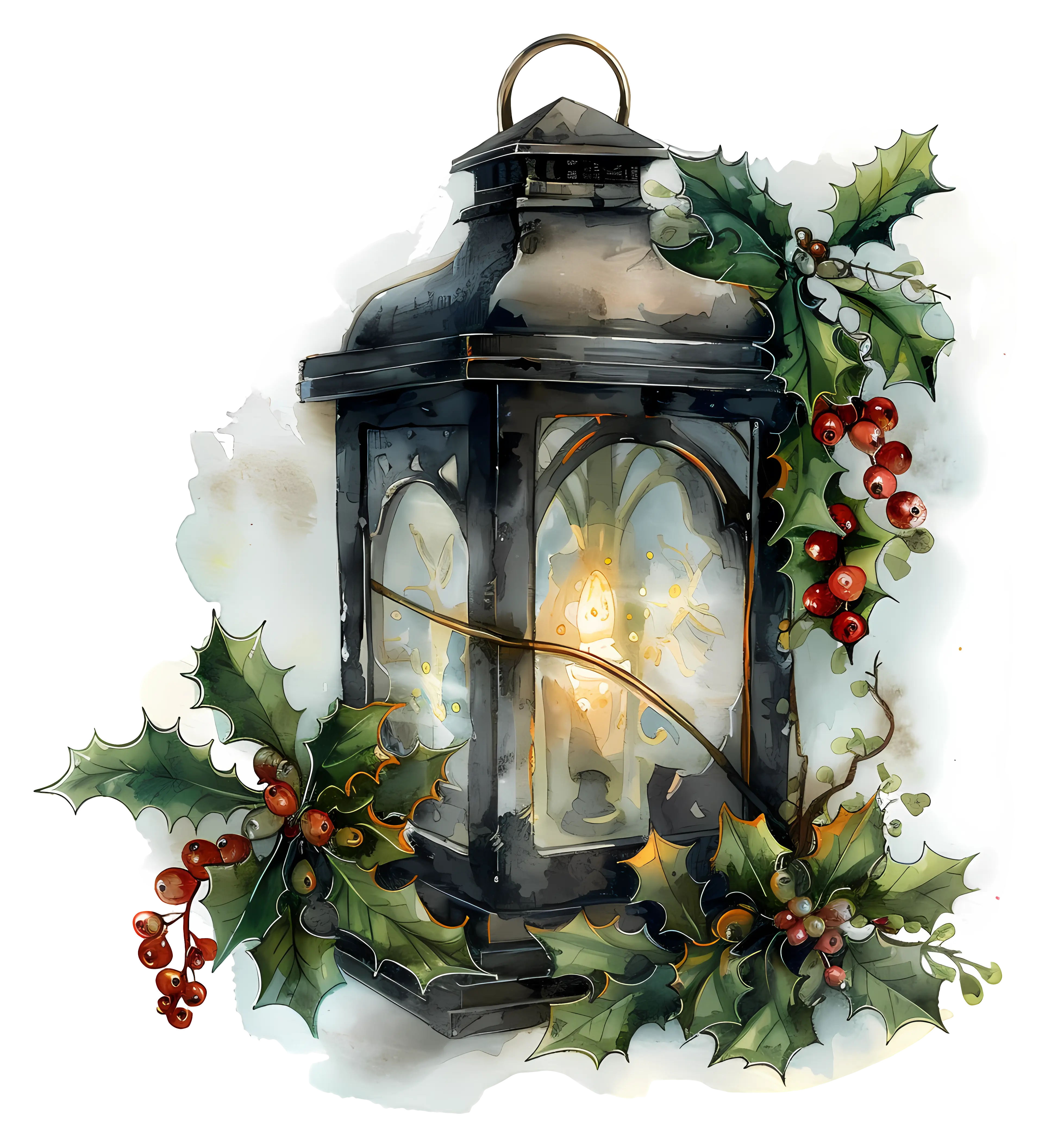 Festive Lantern with Holly and Red Berries