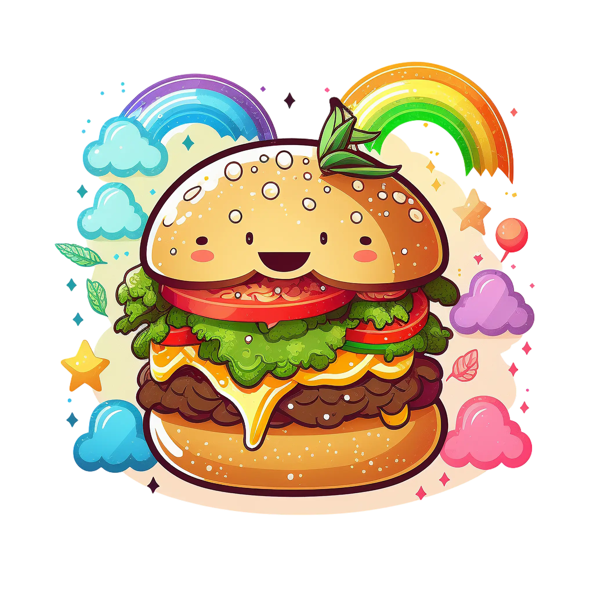 Cheerful Cartoon Burger with Rainbow Backdrop