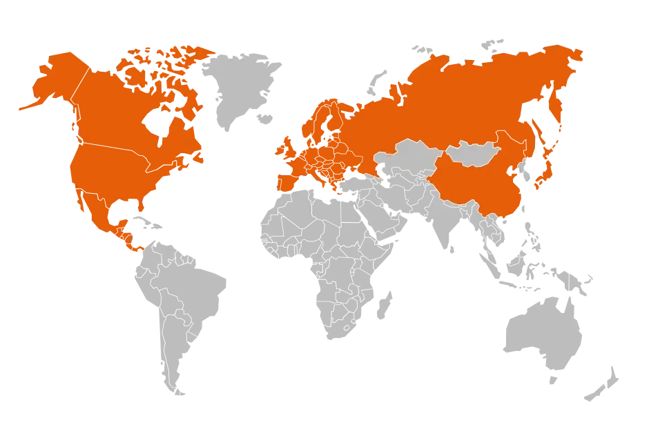 World Map with Regions Highlighted in Orange