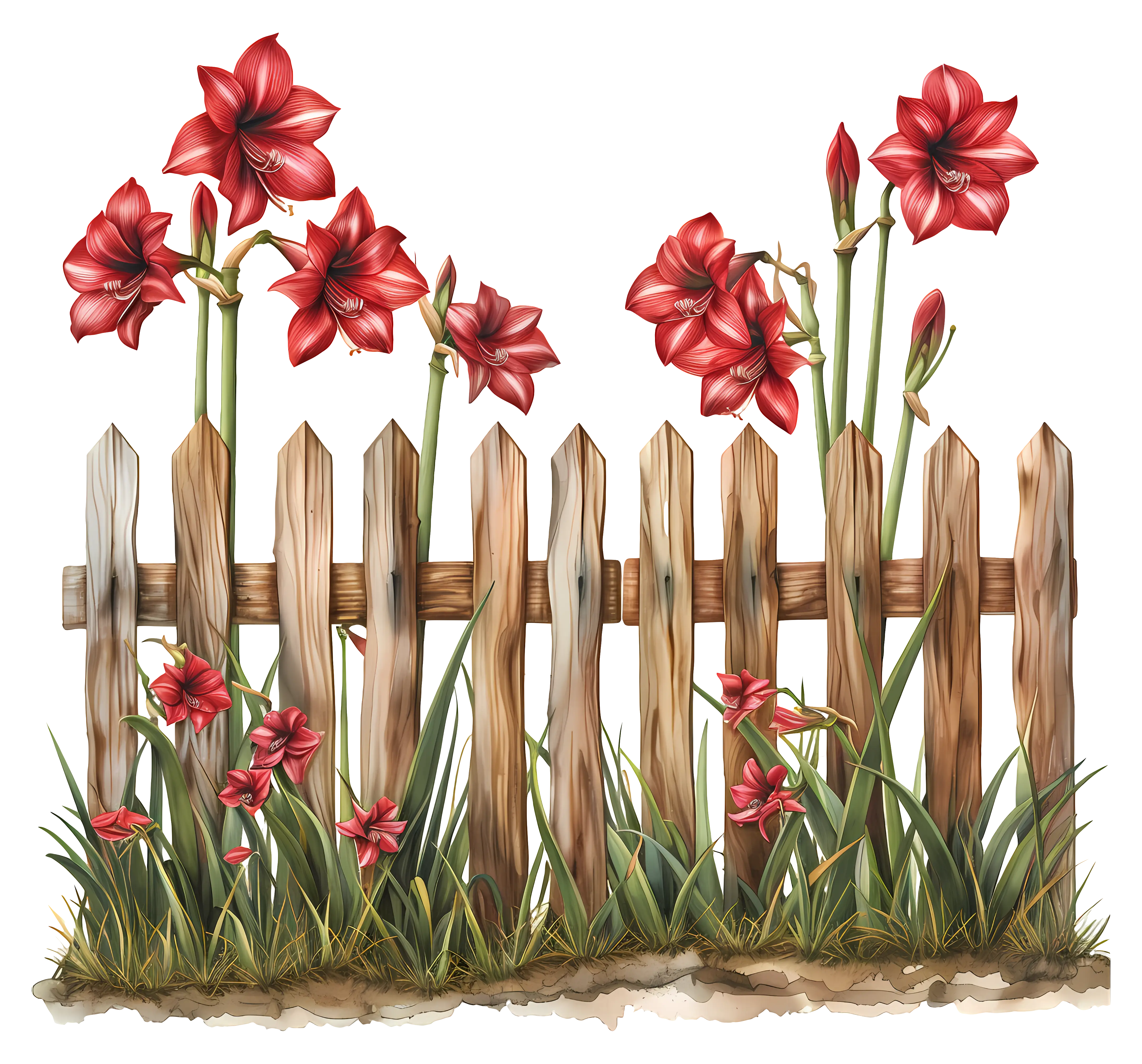 Red Flowers by a Wooden Fence