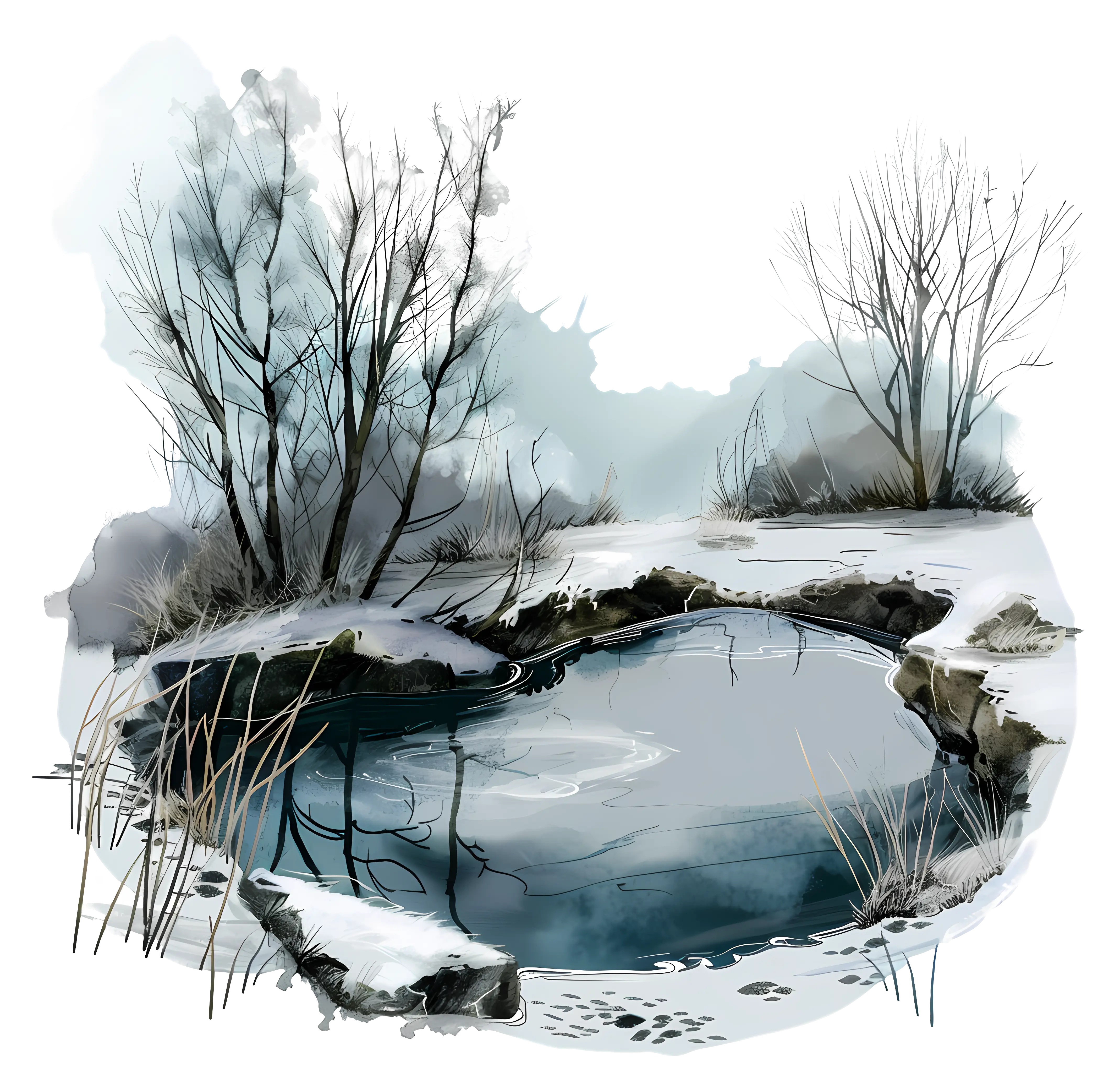 Snowy Winter Landscape with Frozen Pond