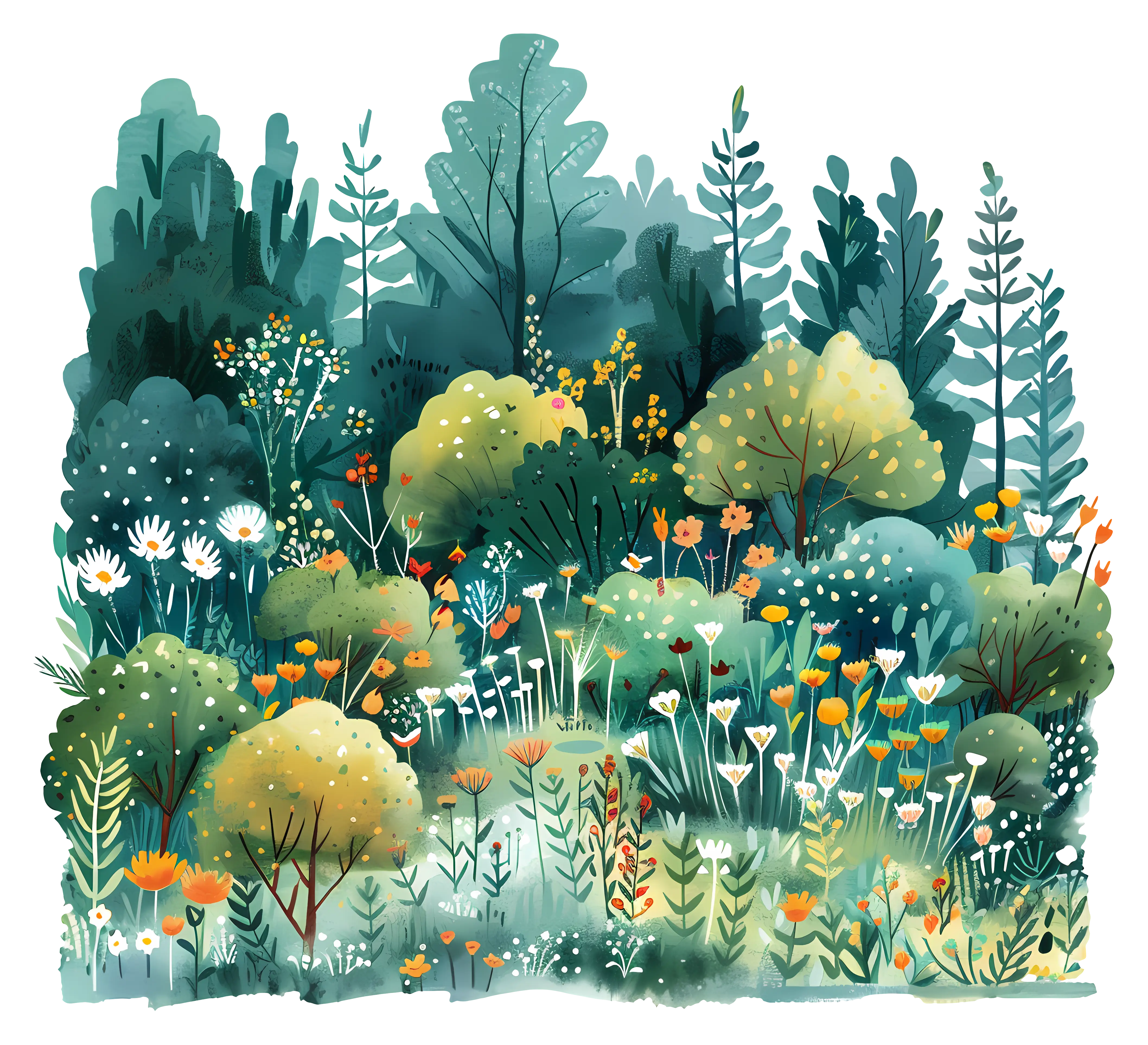 Illustration of a Lush Forest with Flowers