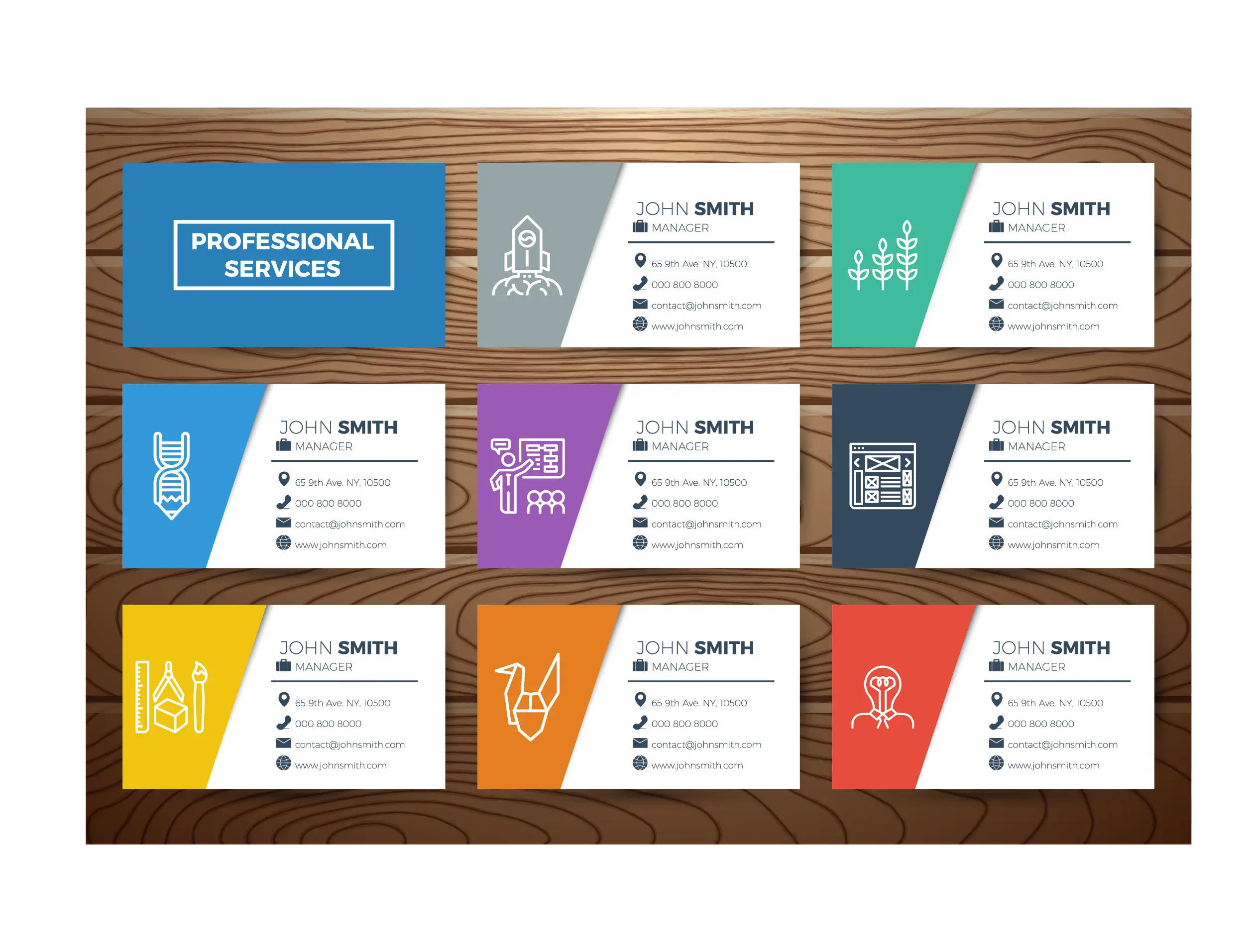 Colorful Business Cards on Wooden Background