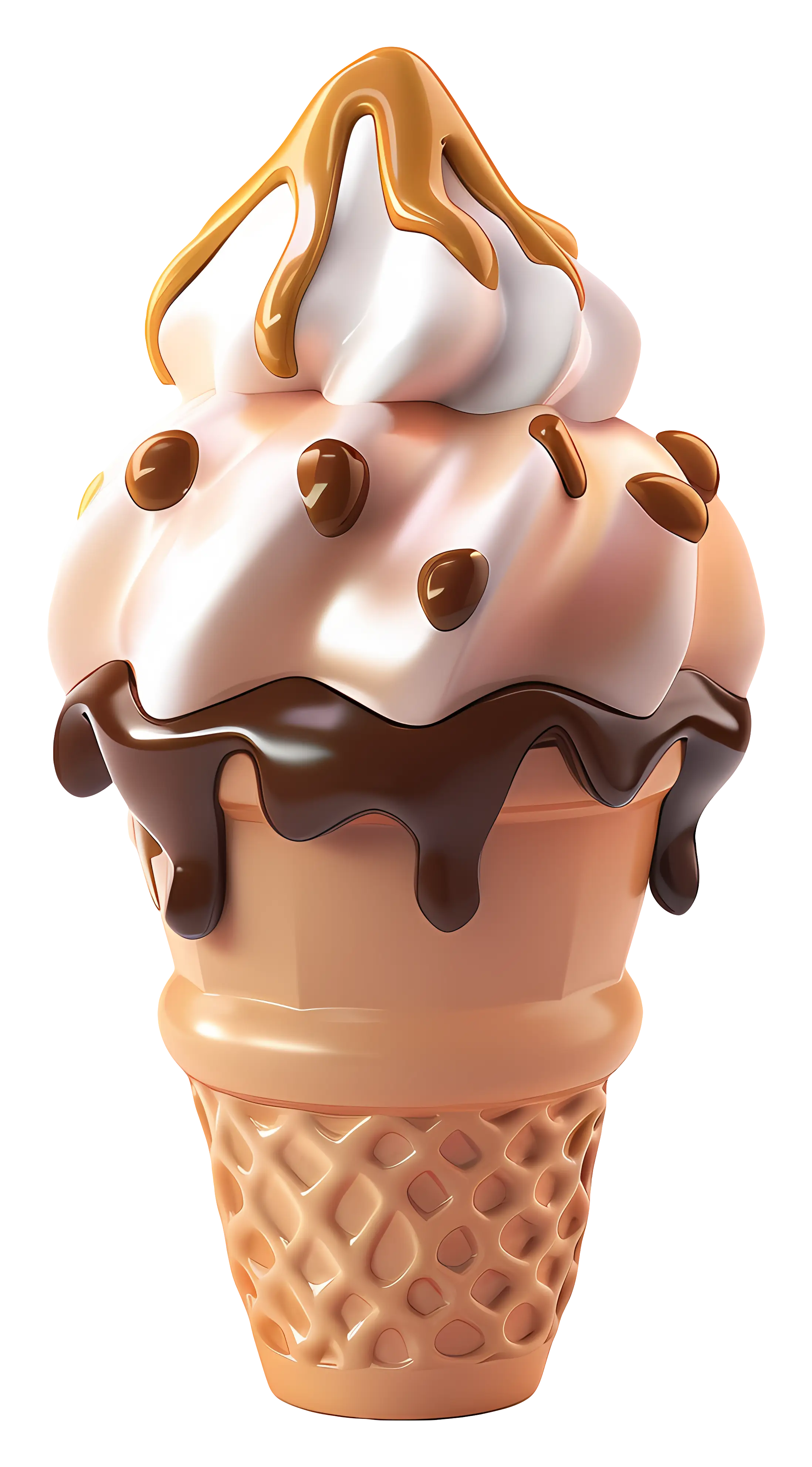 Delicious Chocolate and Caramel Ice Cream in Waffle Cone