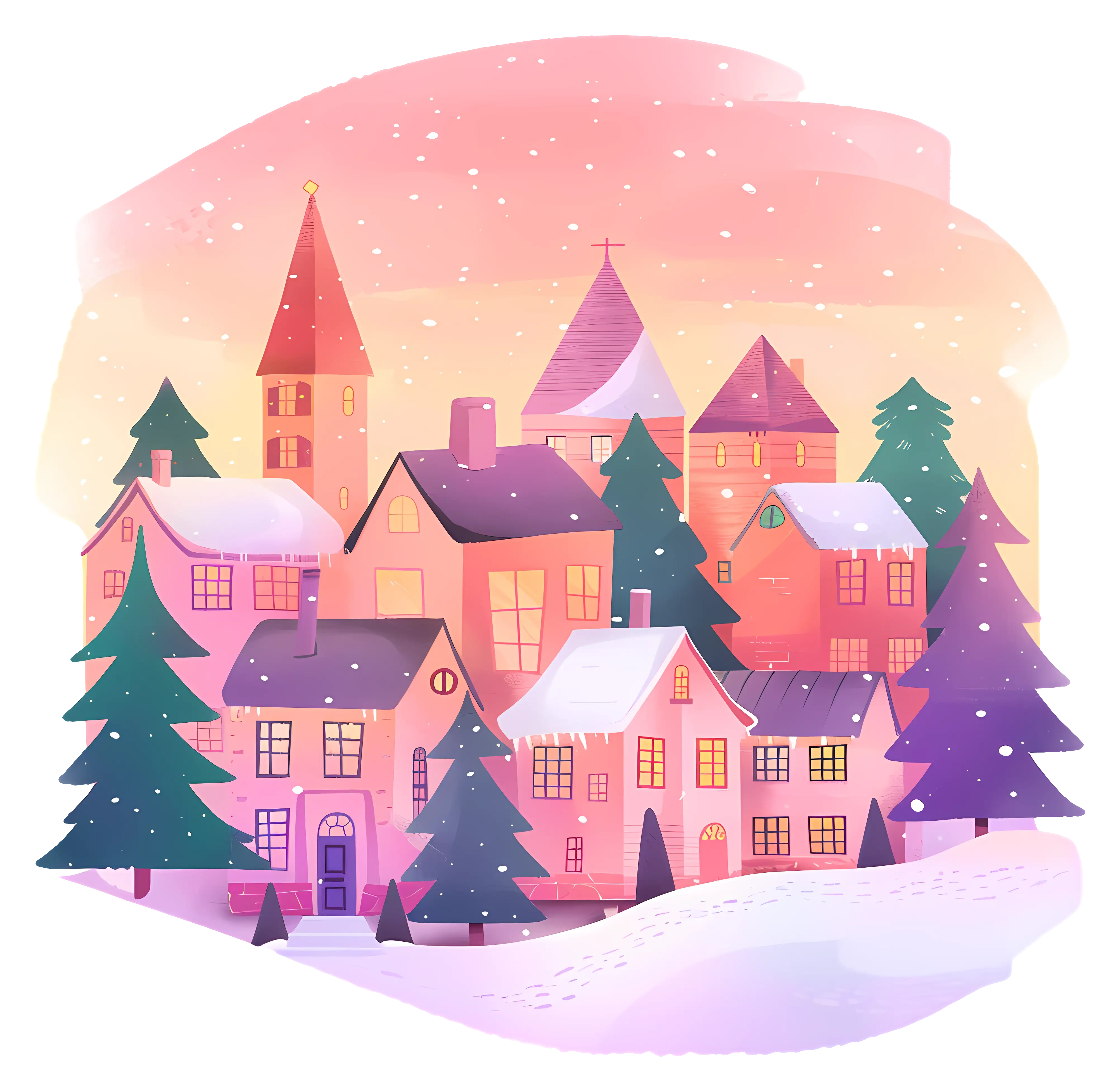 Snowy Village Illustration with Colorful Houses