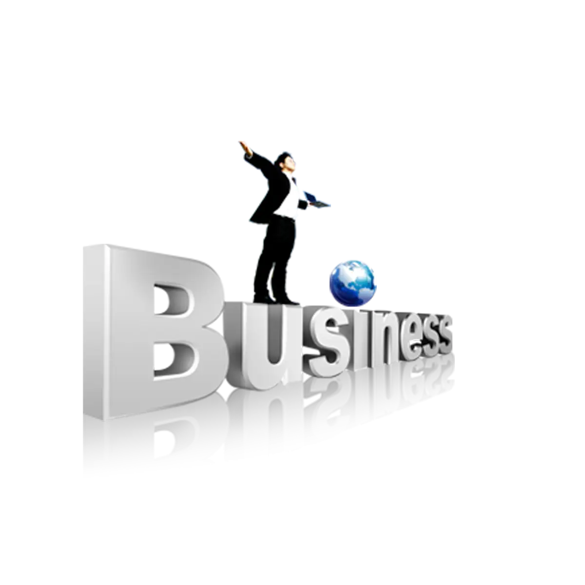 Businessman Standing on Business Text with Globe