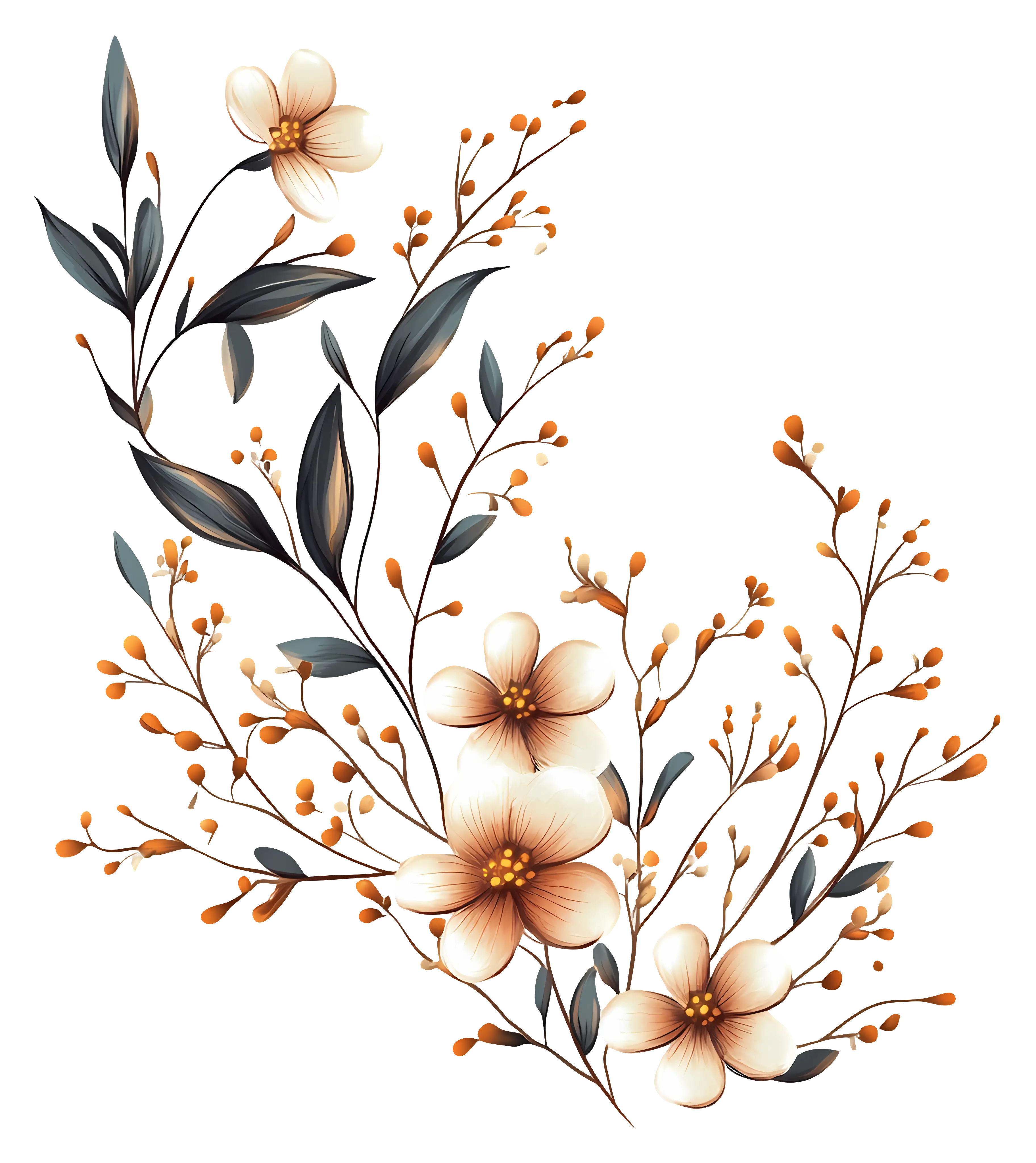 Floral Branch Illustration with Leaves and Flowers