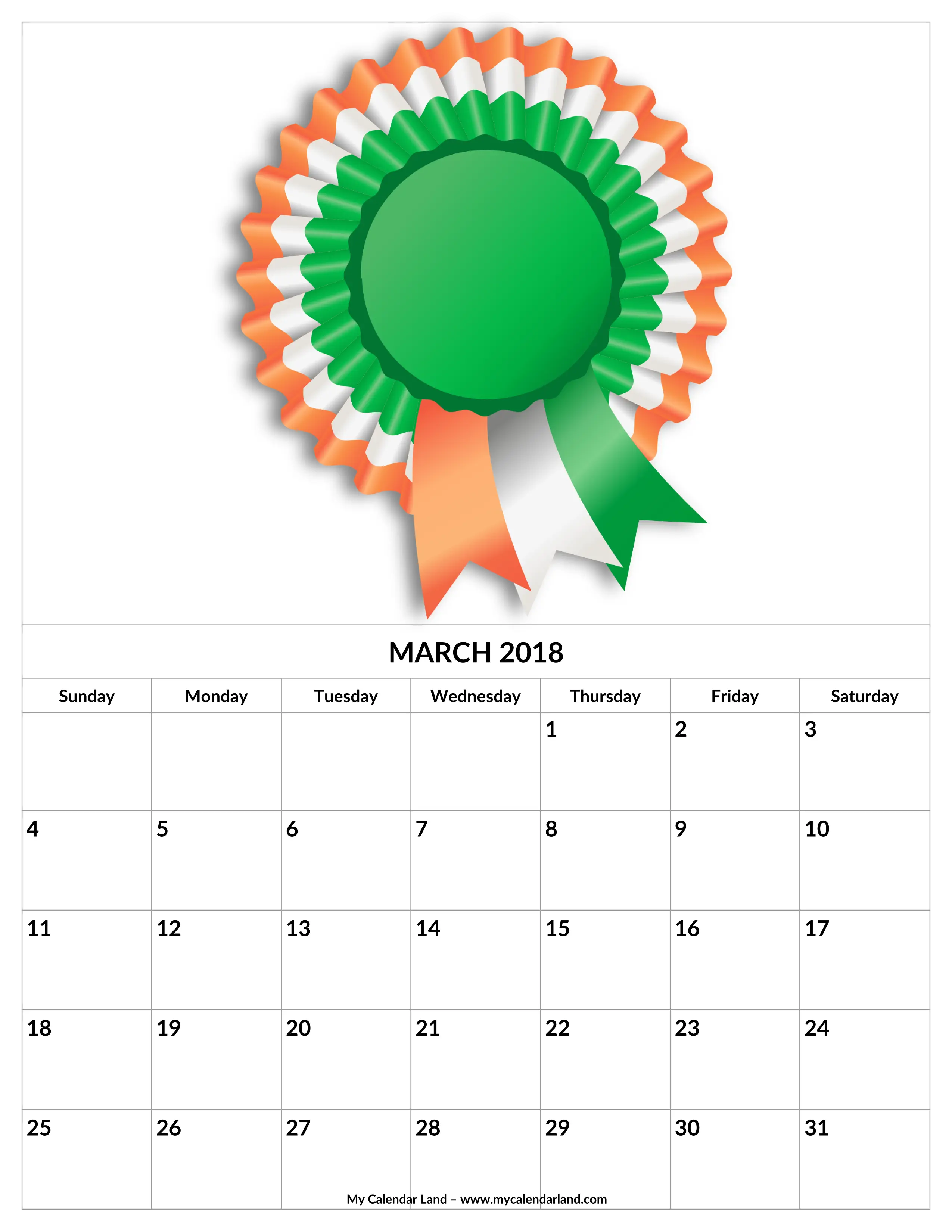 March 2018 Calendar with Ribbon Decoration